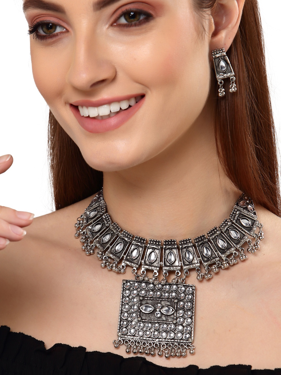 

Shining Diva Silver-Plated Oxidised Jewellery Set