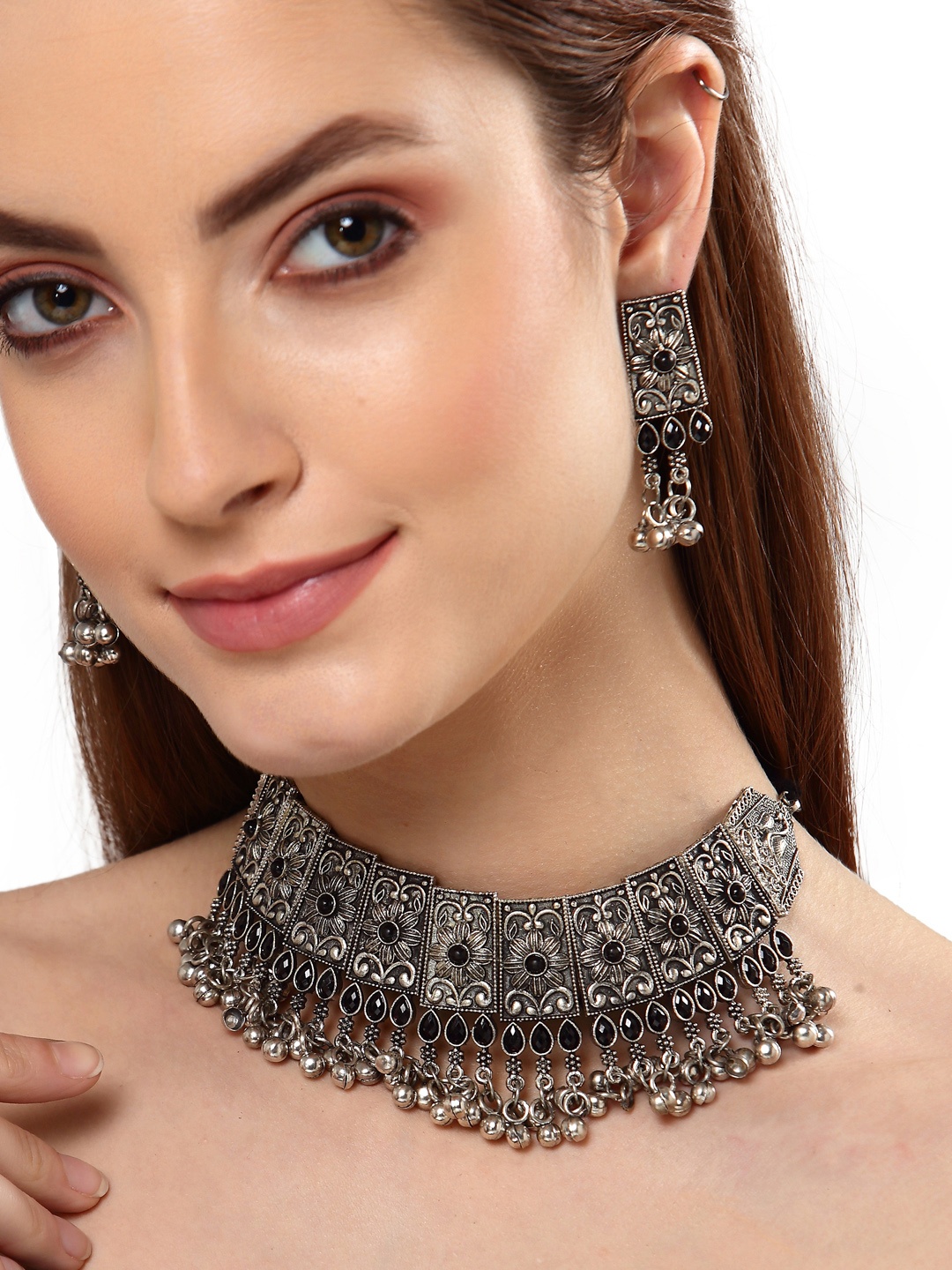 

Shining Diva Oxidised Silver-Plated Black Stone-Studded Ghungaroo Jewellery Set