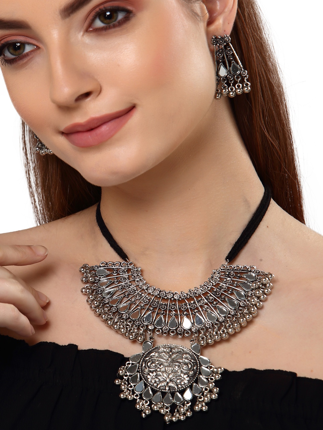 

Shining Diva Silver-Plated Oxidised Jewellery Set