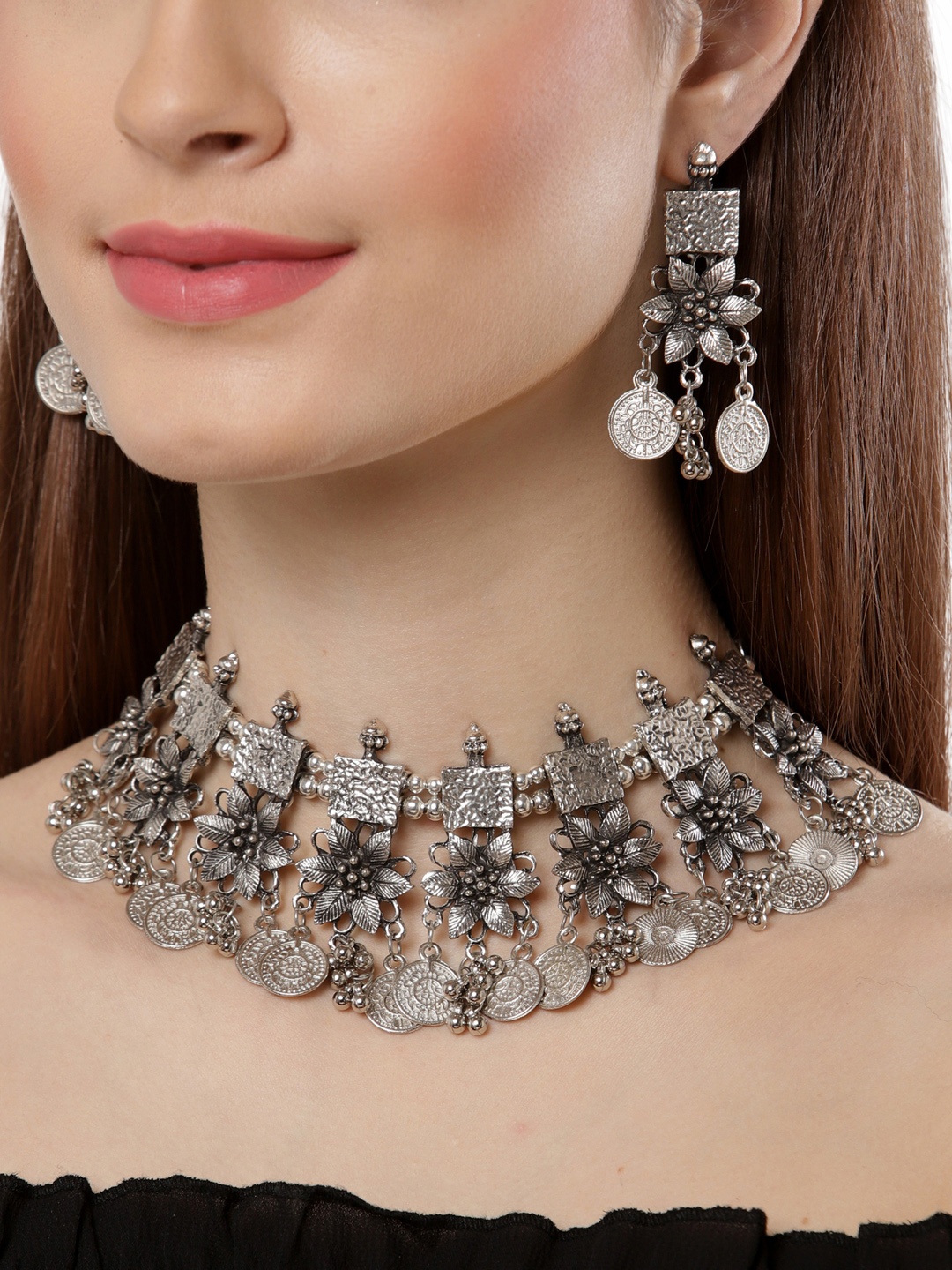 

Shining Diva Silver-Plated Oxidised Jewellery Set