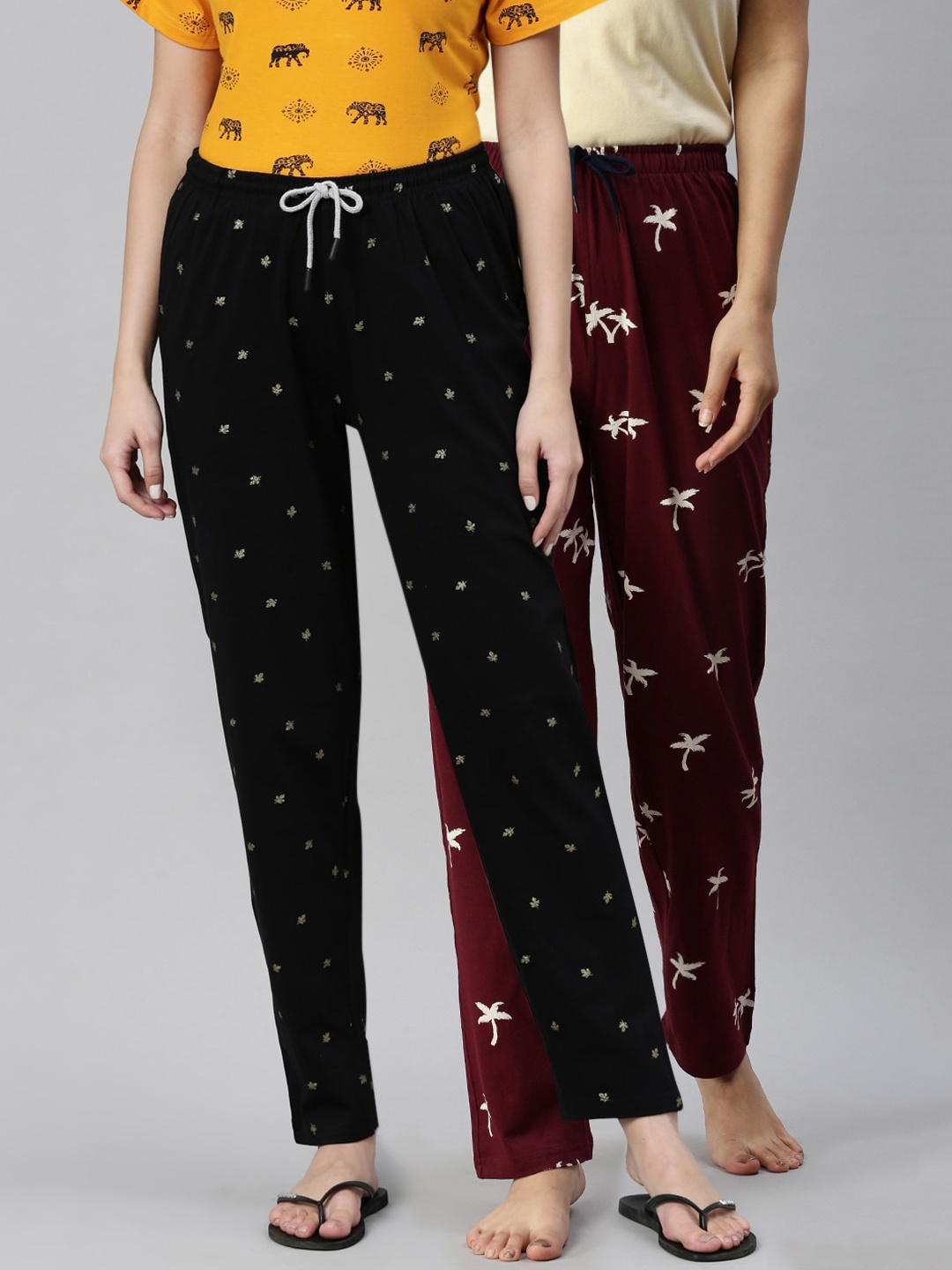 

Kryptic Women Pack Of 2 Printed Pure Cotton Lounge Pants, Maroon