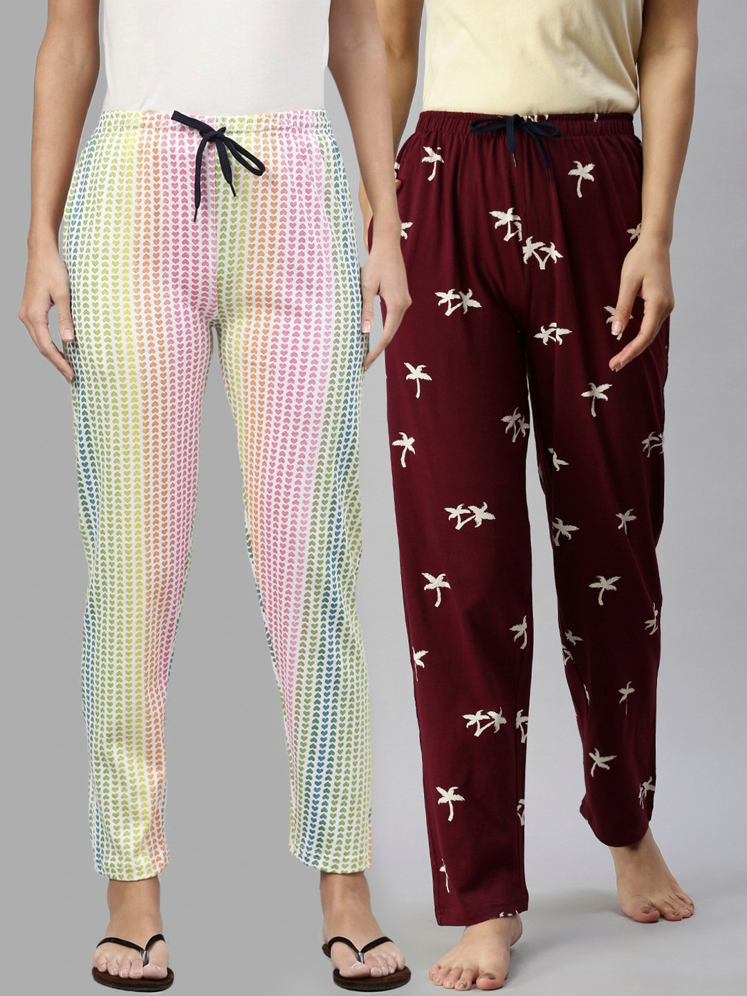 

Kryptic Women Pack Of 2 Printed Pure Cotton Lounge Pants, Maroon