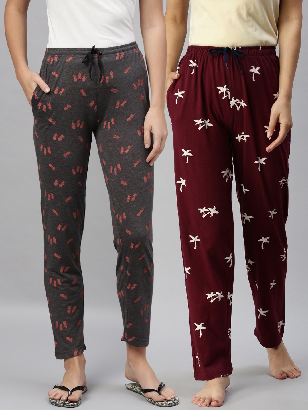 

Kryptic Women Pack of 2 Printed Pure Cotton Lounge Pants, Maroon