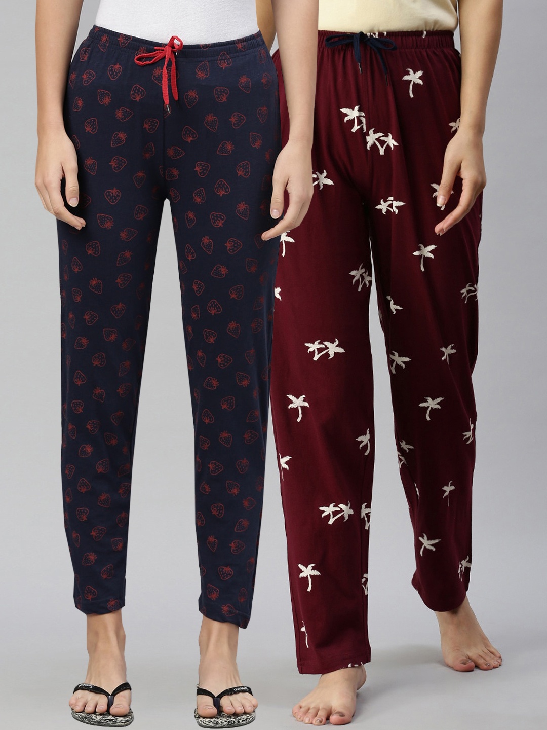 

Kryptic Women Pack Of 2 Printed Pure Cotton Lounge Pants, Maroon