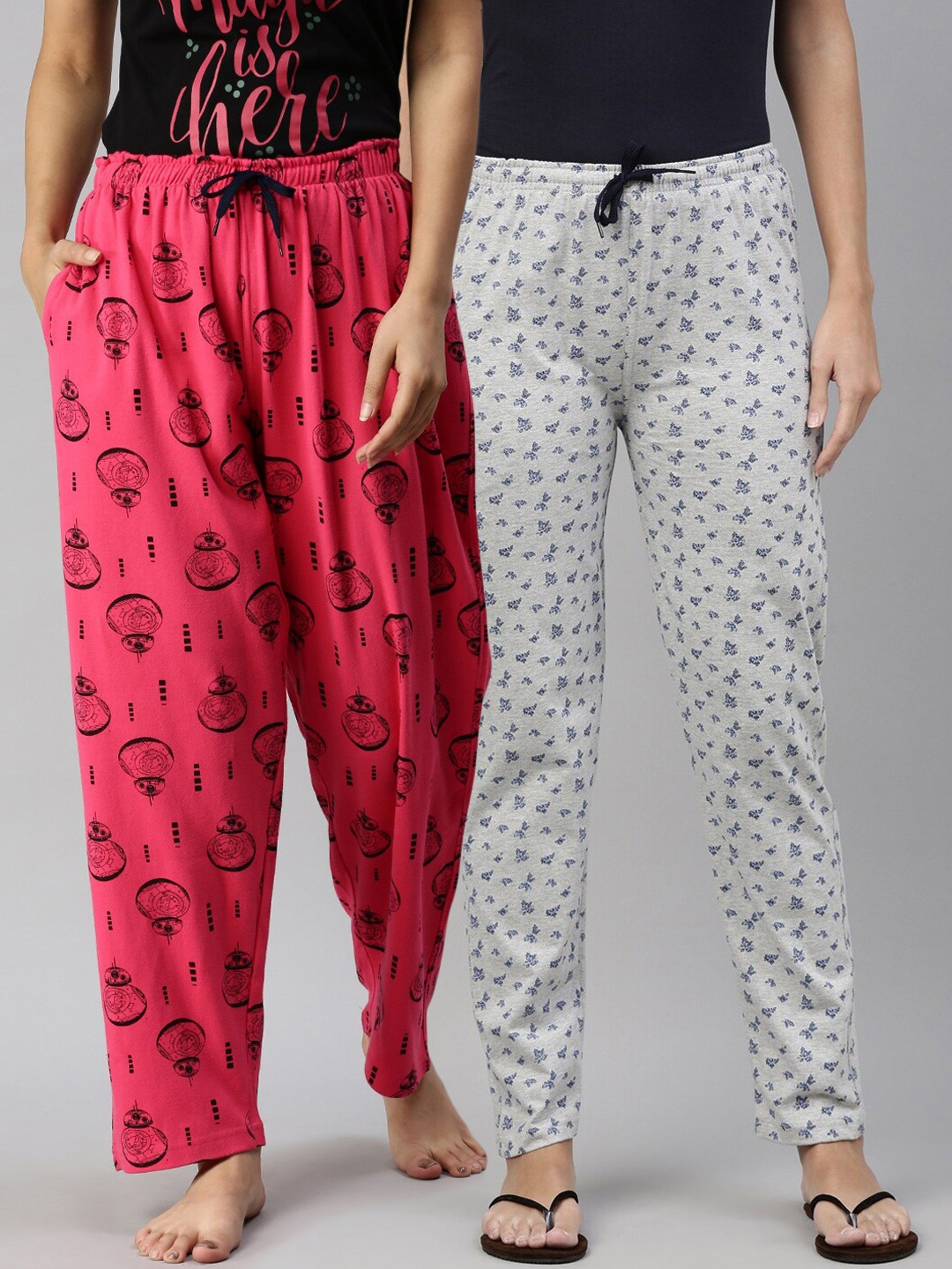 

Kryptic Women Pack Of 2 Printed Pure Cotton Lounge Pants, Fuchsia