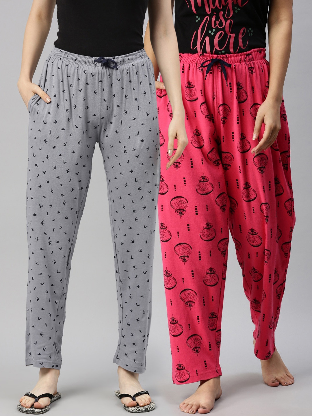 

Kryptic Women Pack Of 2 Printed Pure Cotton Lounge Pants, Fuchsia