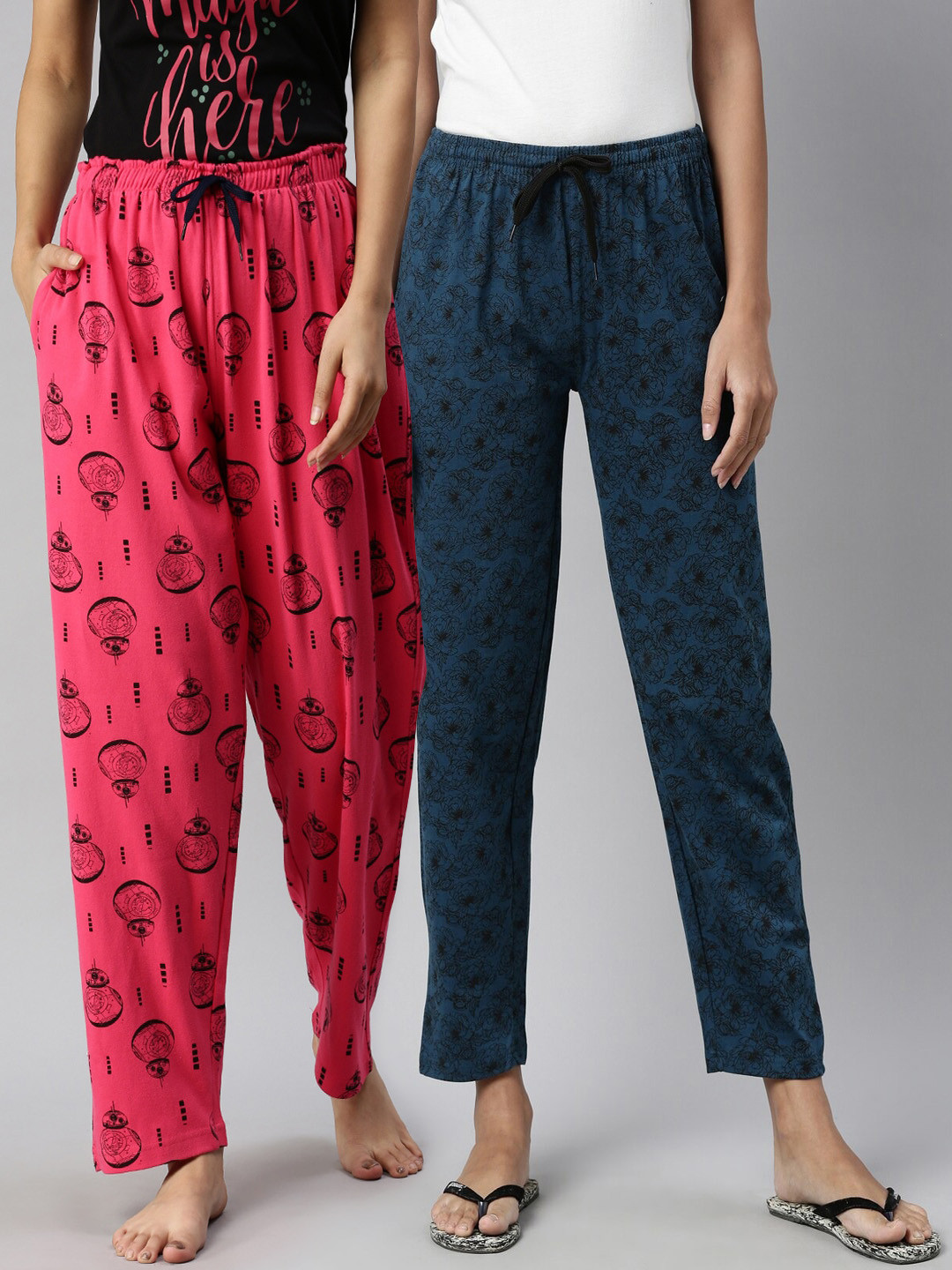 

Kryptic Women Pack Of 2 Printed Pure Cotton Lounge Pants, Fuchsia