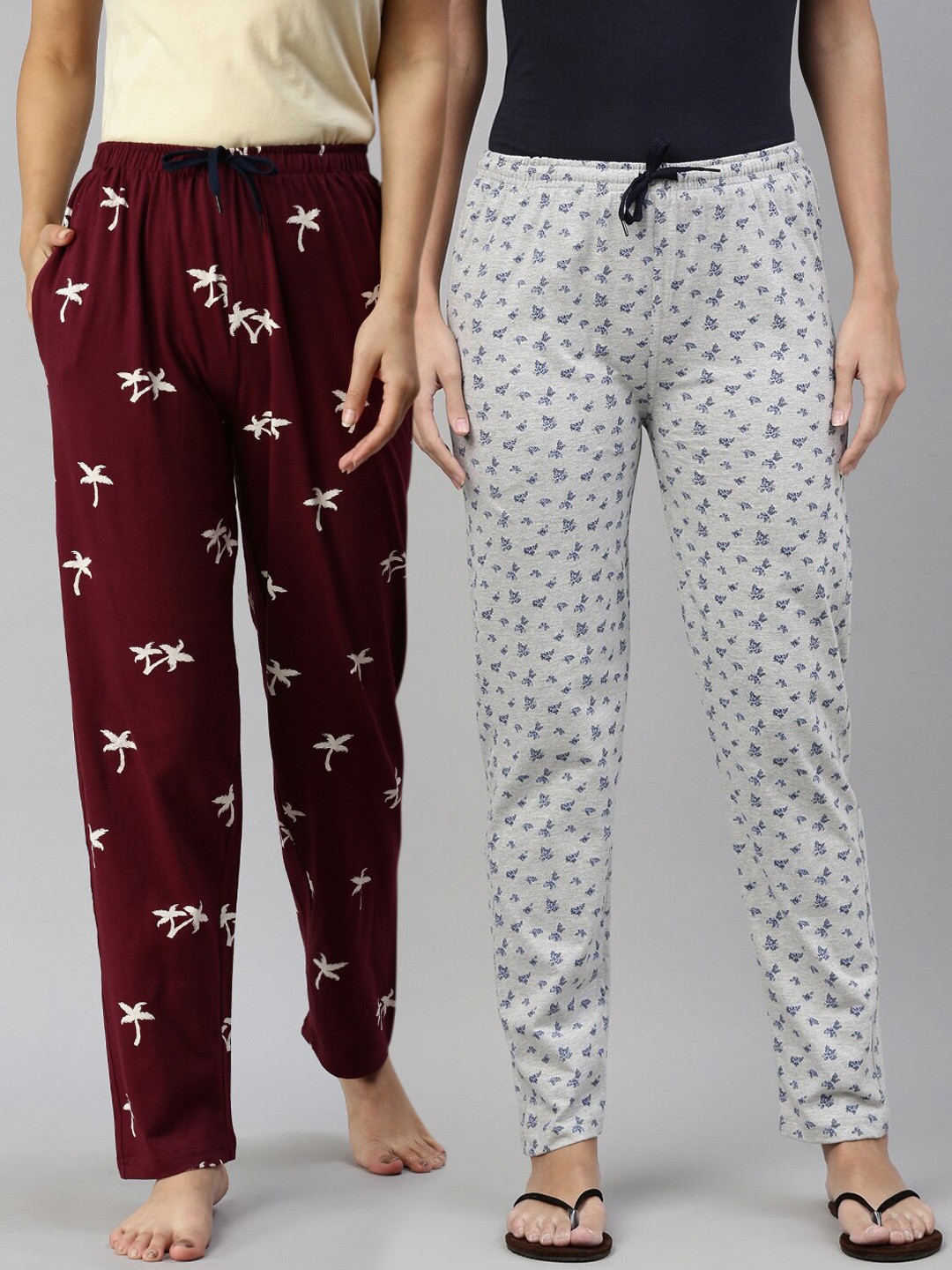 

Kryptic Women Pack Of 2 Printed Pure Cotton Lounge Pants, Maroon
