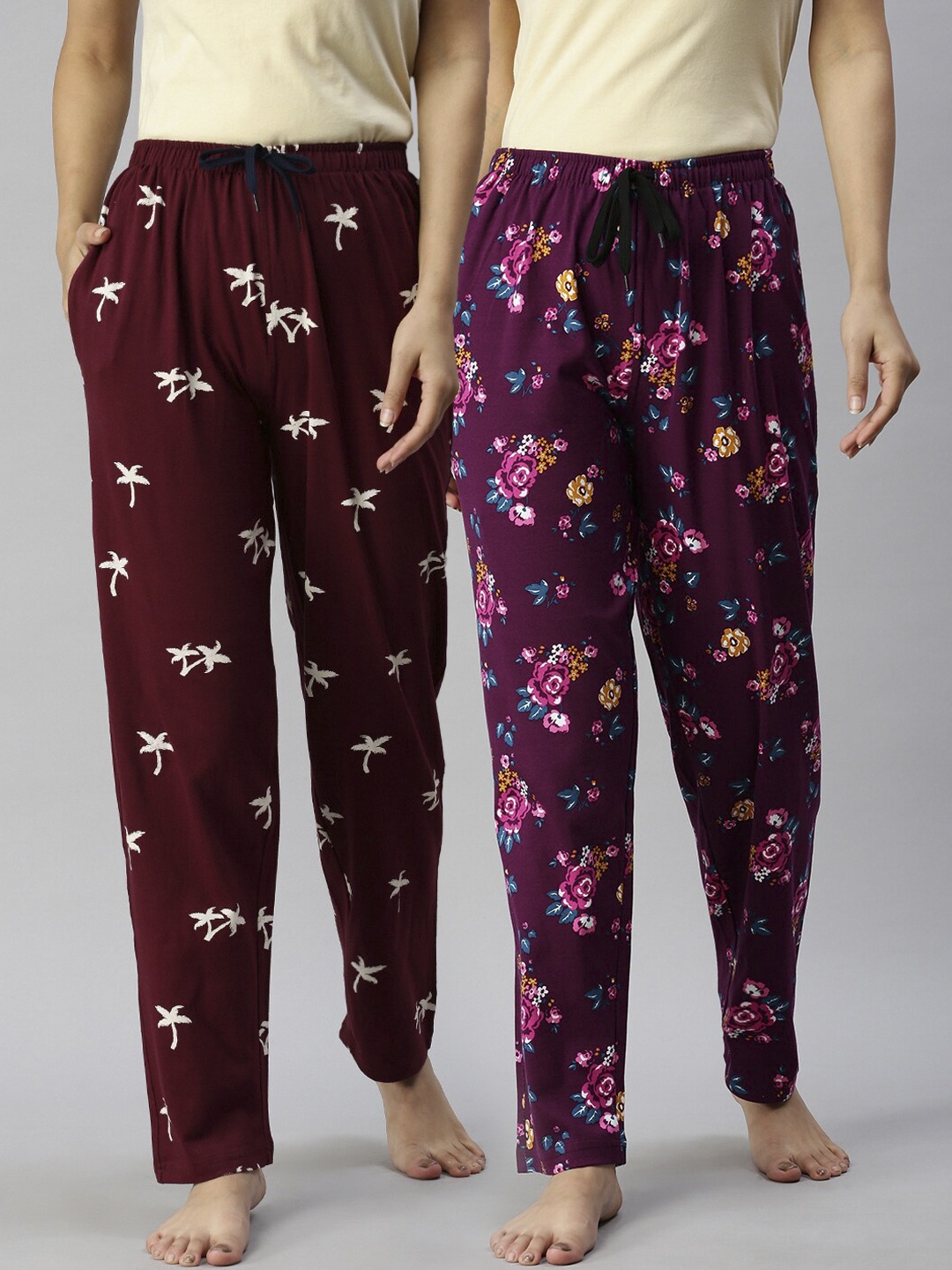 

Kryptic Women Pack Of 2 Printed Pure Cotton Lounge Pants, Maroon