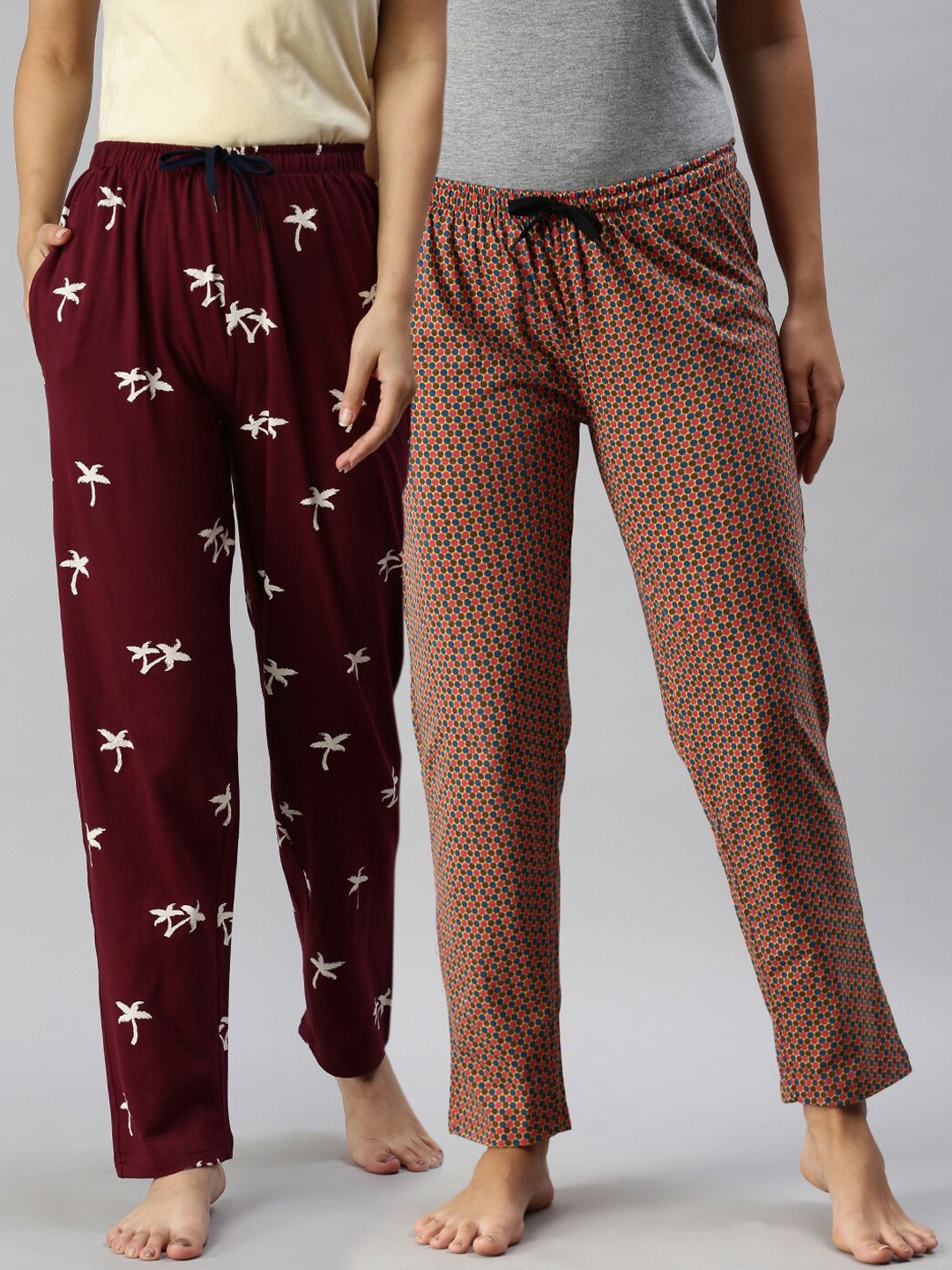 

Kryptic Women Pack Of 2 Printed Pure Cotton Lounge Pants, Maroon