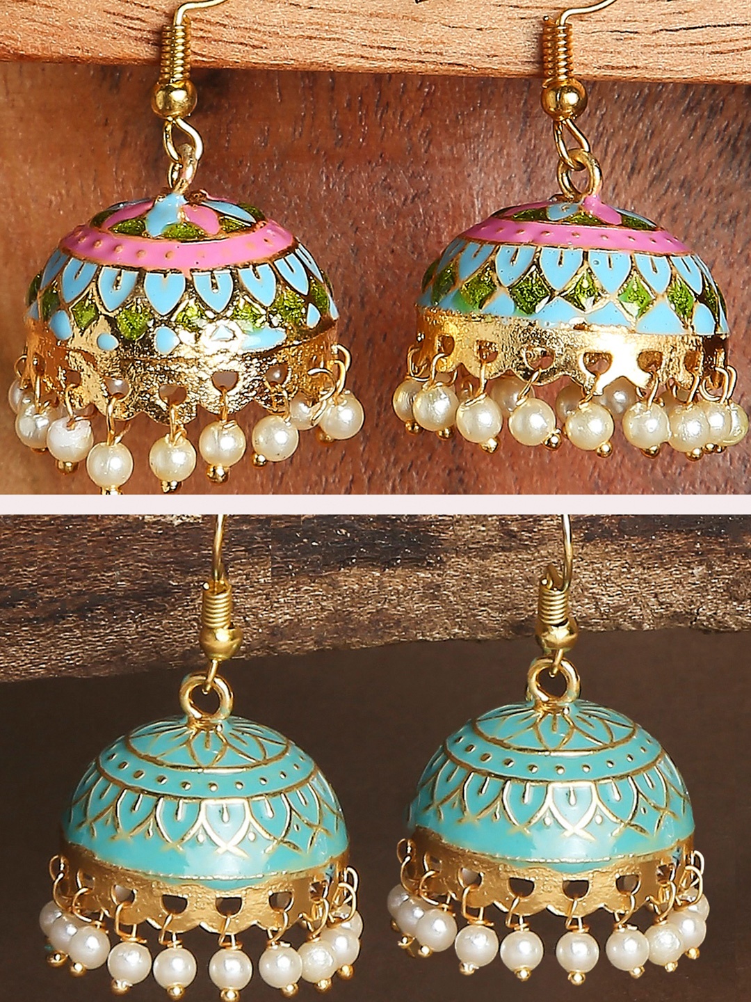 

OOMPH Pack Of 2 Meenakari Enamel Dome Shaped Jhumkas Earrings, Blue