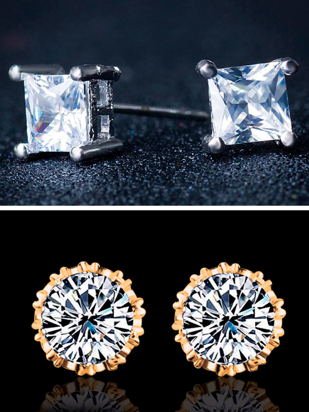 

OOMPH Set of 2 Gold-Toned & Silver-Toned Round & Square CZ Studs Earrings