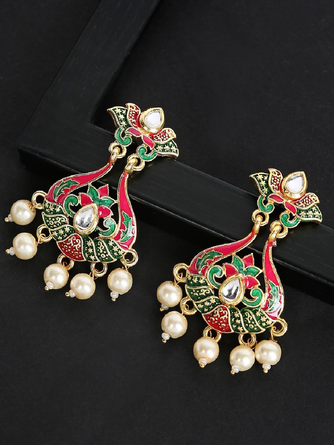 

OOMPH Pink & Red Lotus Meenakari Enamel Drop Earrings