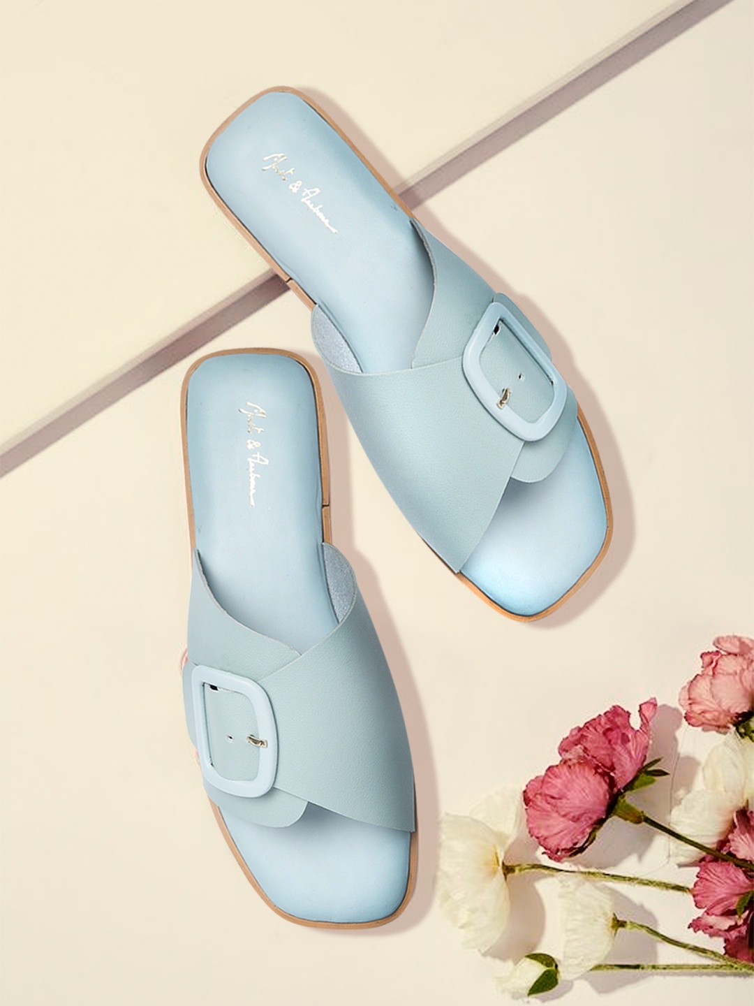 

Mast & Harbour Women Blue Solid Open Toe Flats with Buckle Detail