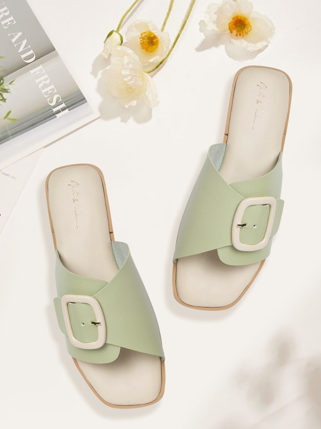 

Mast & Harbour Women Green Solid Open Toe Flats with Buckle