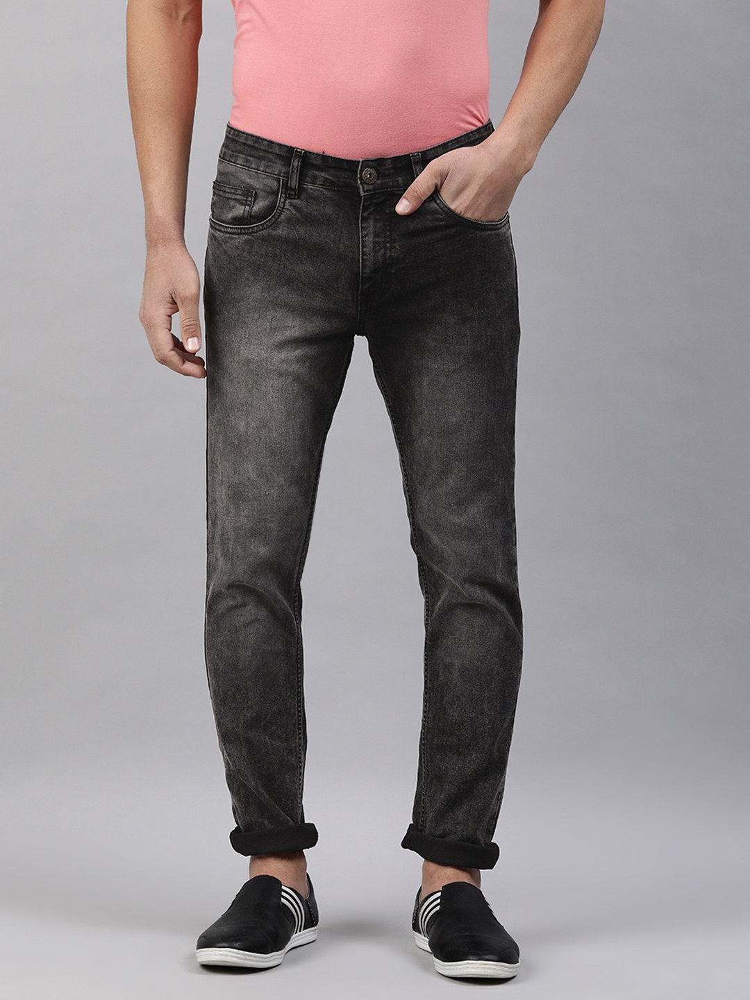 

abof Men Black Solid Slim Fit Heavy Fade Acid Wash Stretchable Jeans