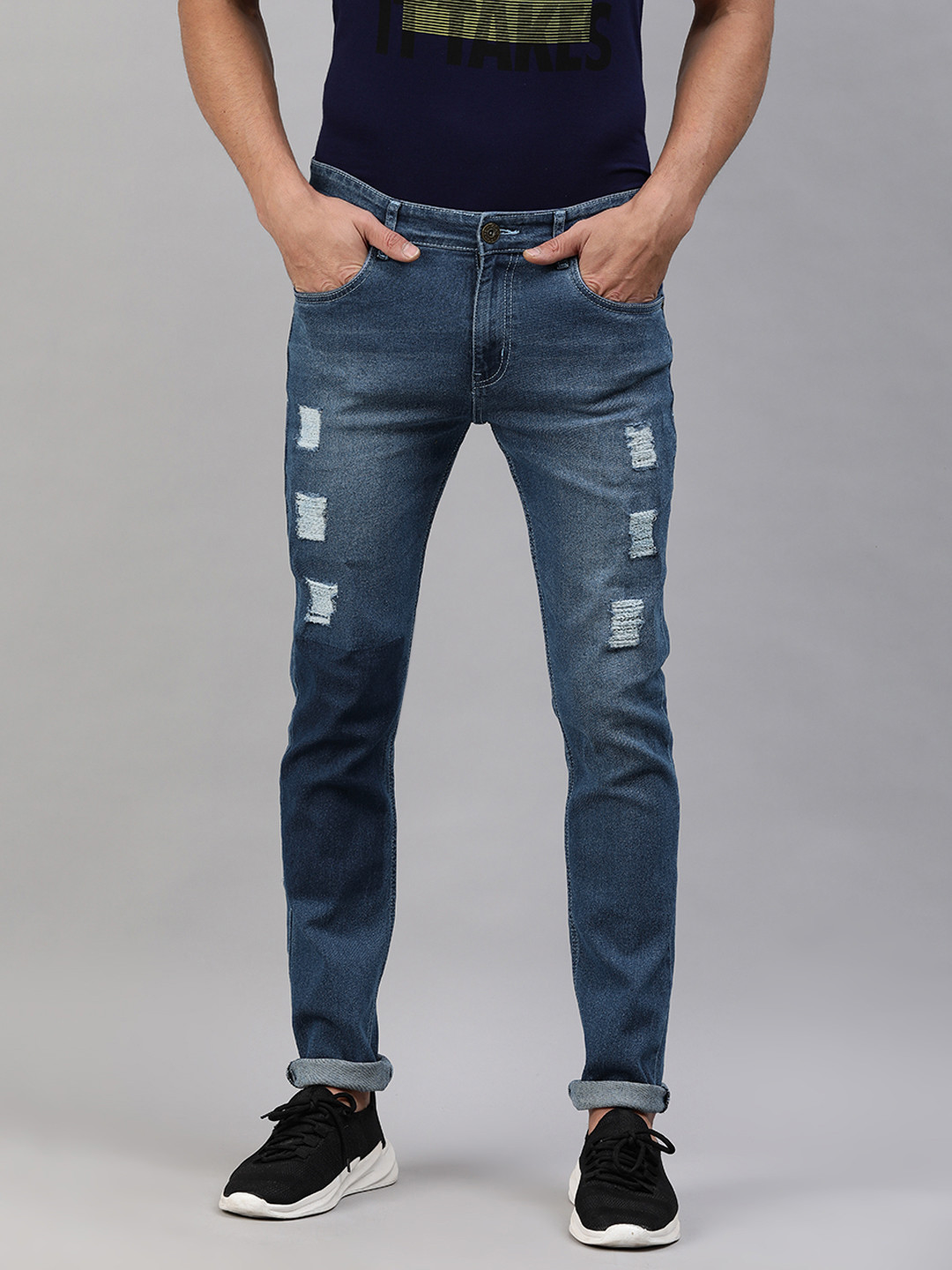 

abof Men Blue Slim Fit Mid-Rise Highly Distressed Light Fade Jeans