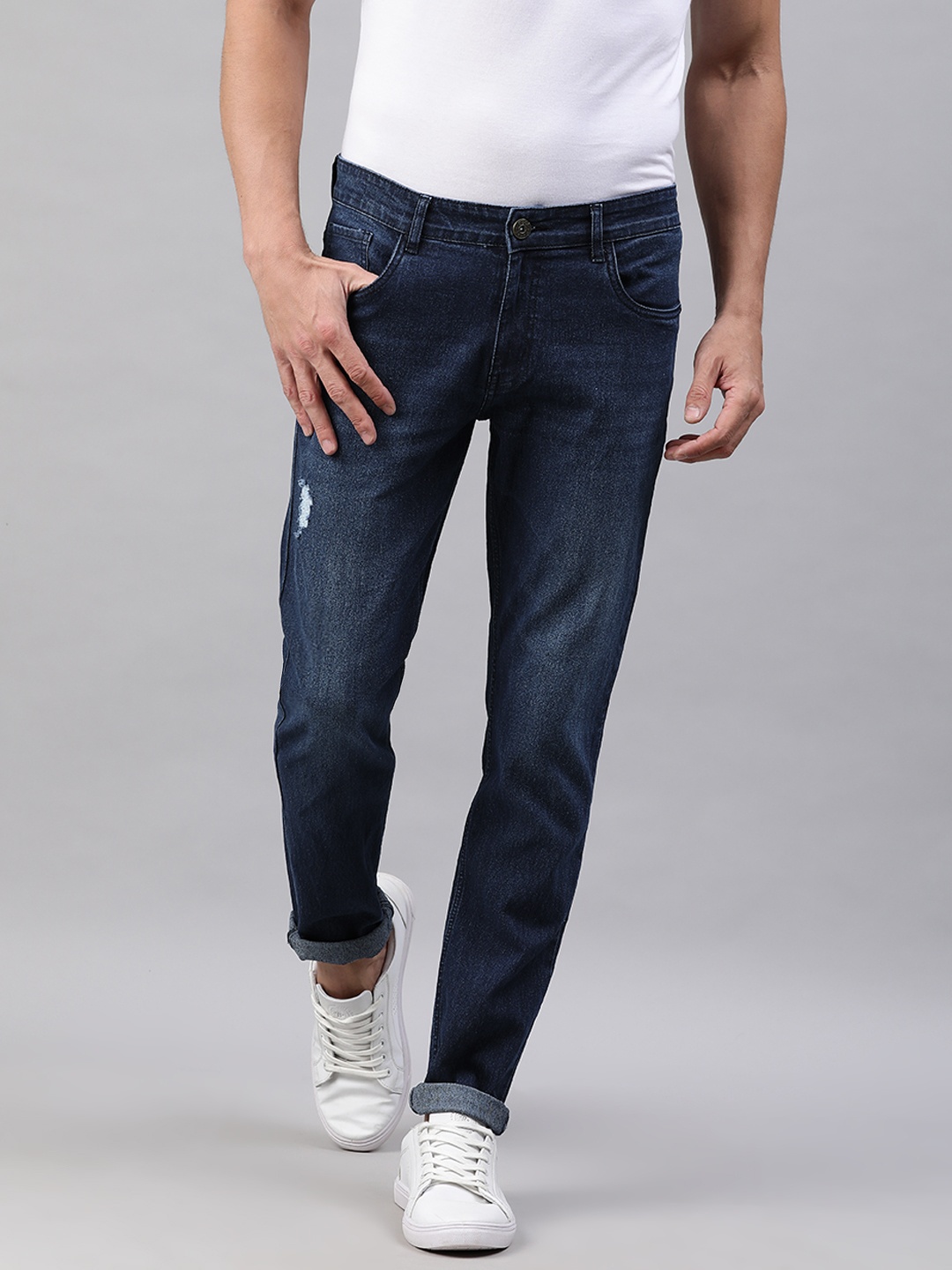 

abof Men Blue Slim Fit Mid-Rise Low Distress Light Fade Jeans