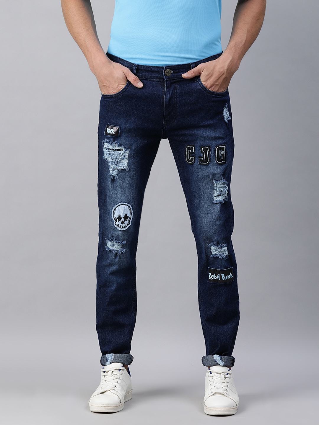 

abof Men Blue Slim Fit Ripped Light Fade Stretchable Jeans