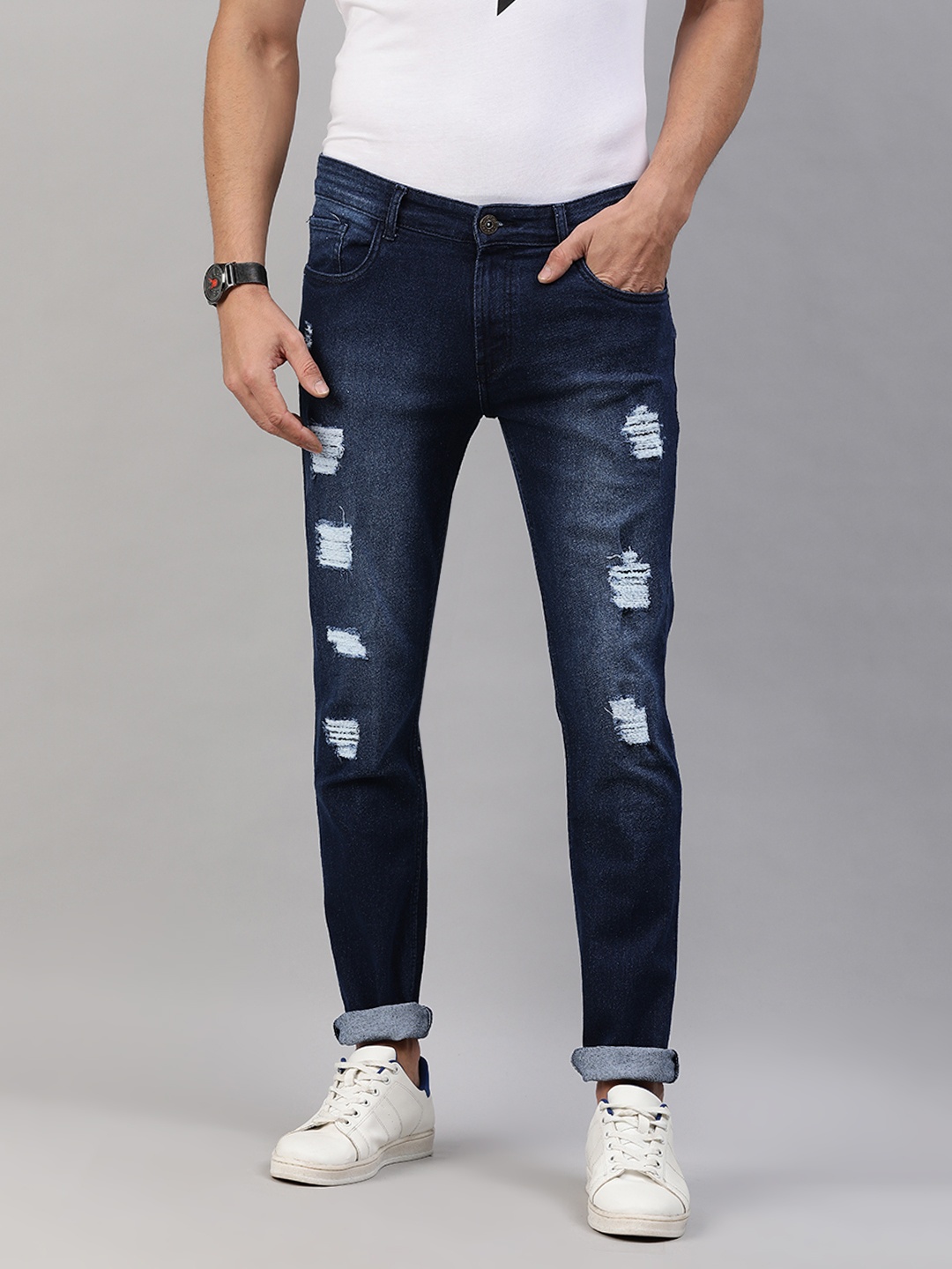 

abof Men Blue Slim Fit Mildly Ripped Heavy Fade Stretchable Jeans