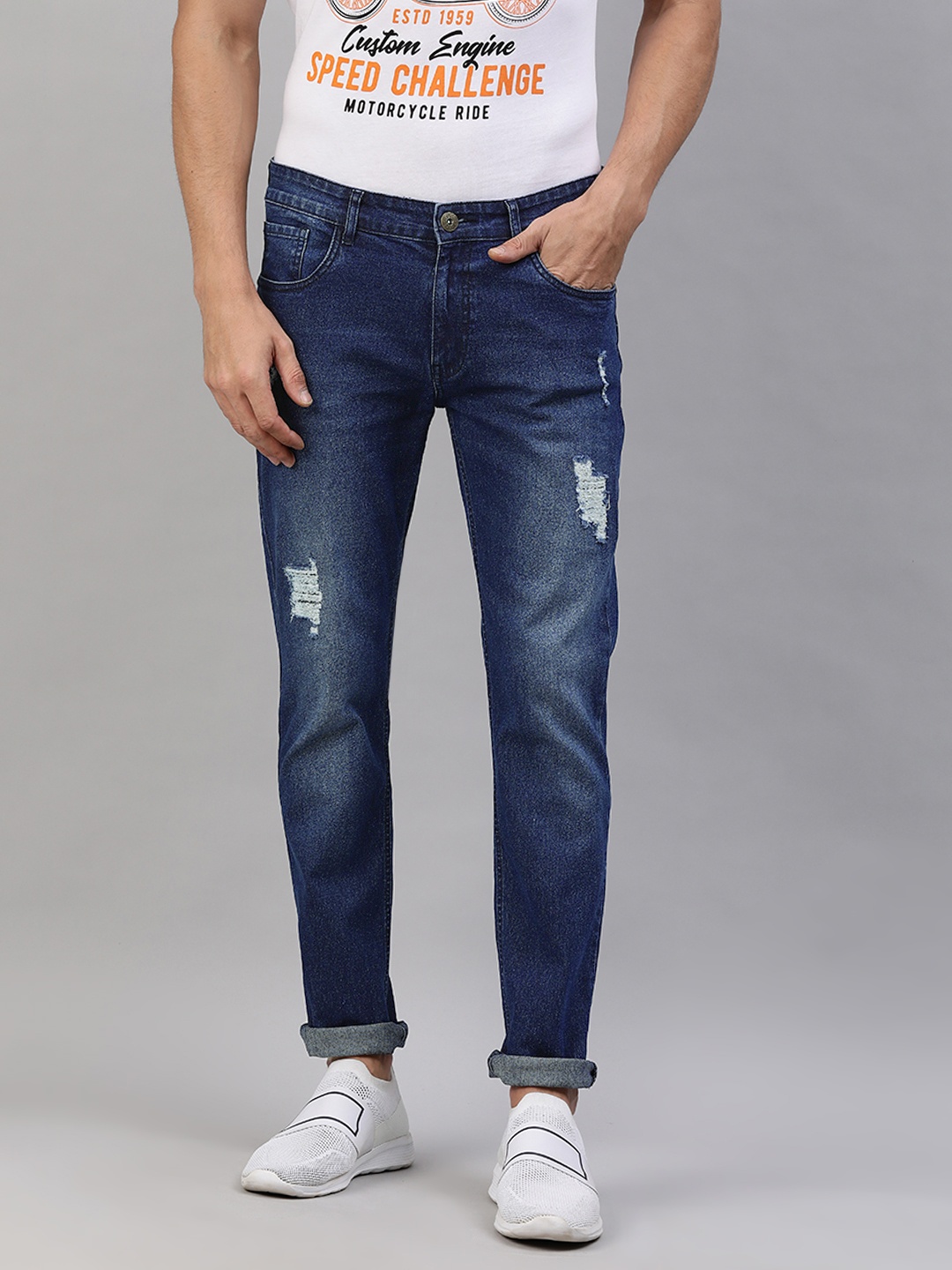 

abof Men Blue Slim Fit Mid-Rise Mildly Distressed Light Fade Jeans