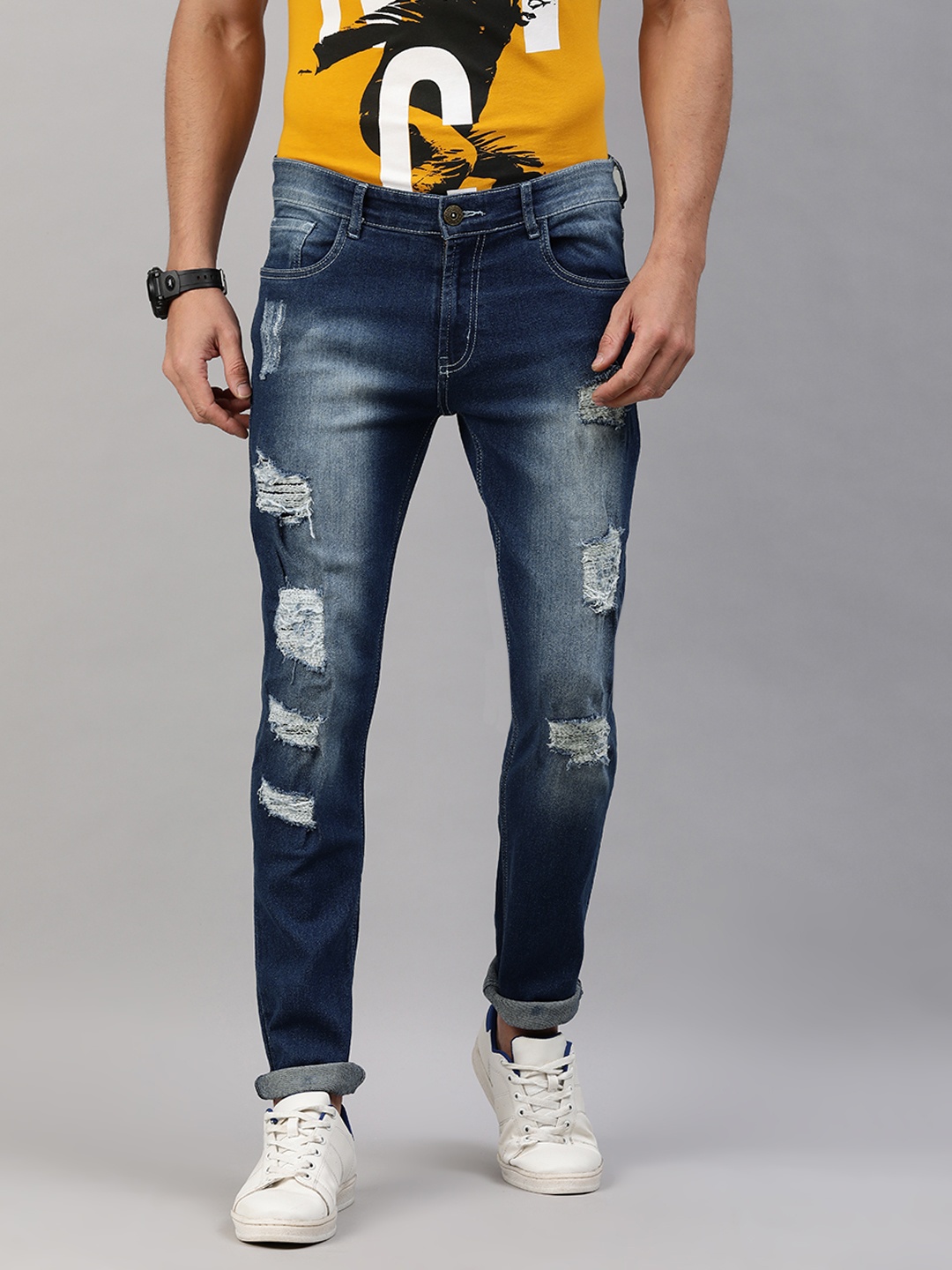 

abof Men Blue Slim Fit Highly Distressed Heavy Fade Stretchable Jeans
