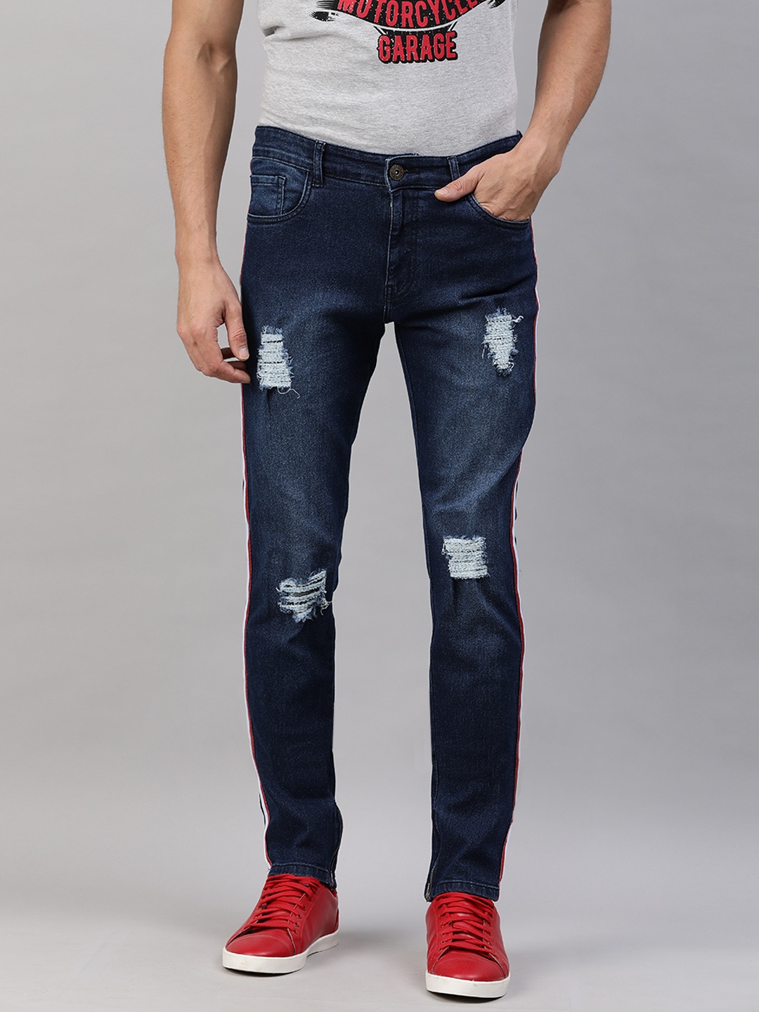 

abof Men Blue Slim Fit Highly Distressed Light Fade Mid Rise Jeans With Side Stripes