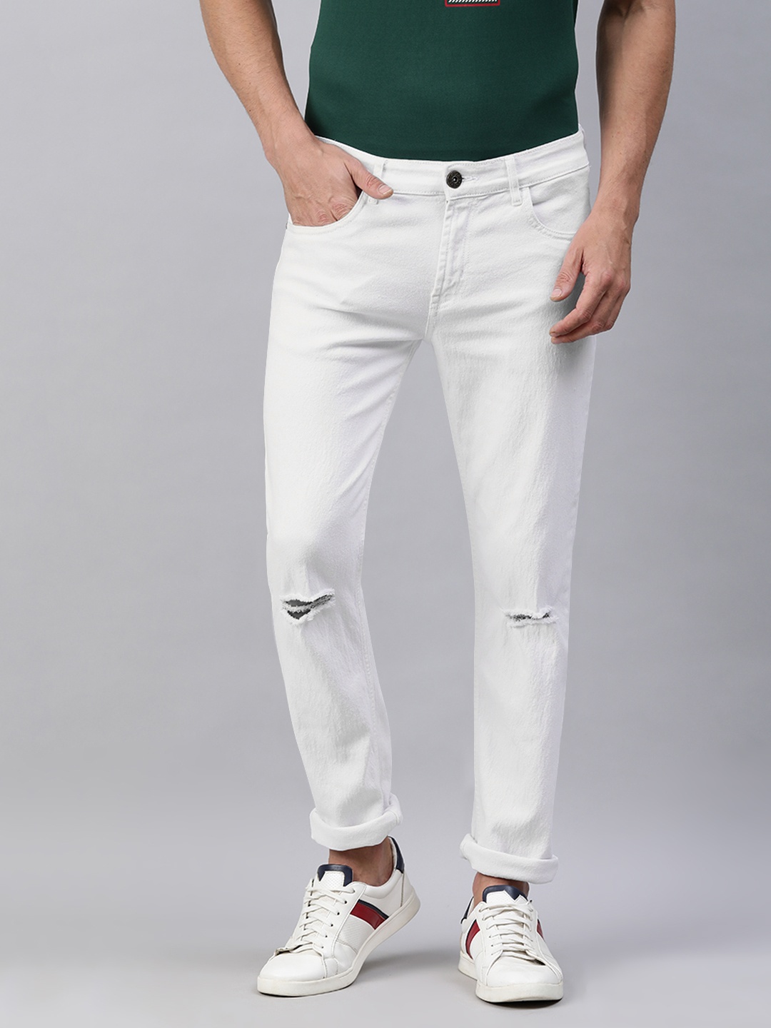 

abof Men White Slim Fit Mid-Rise Ripped Slash Knee Stretchable Jeans