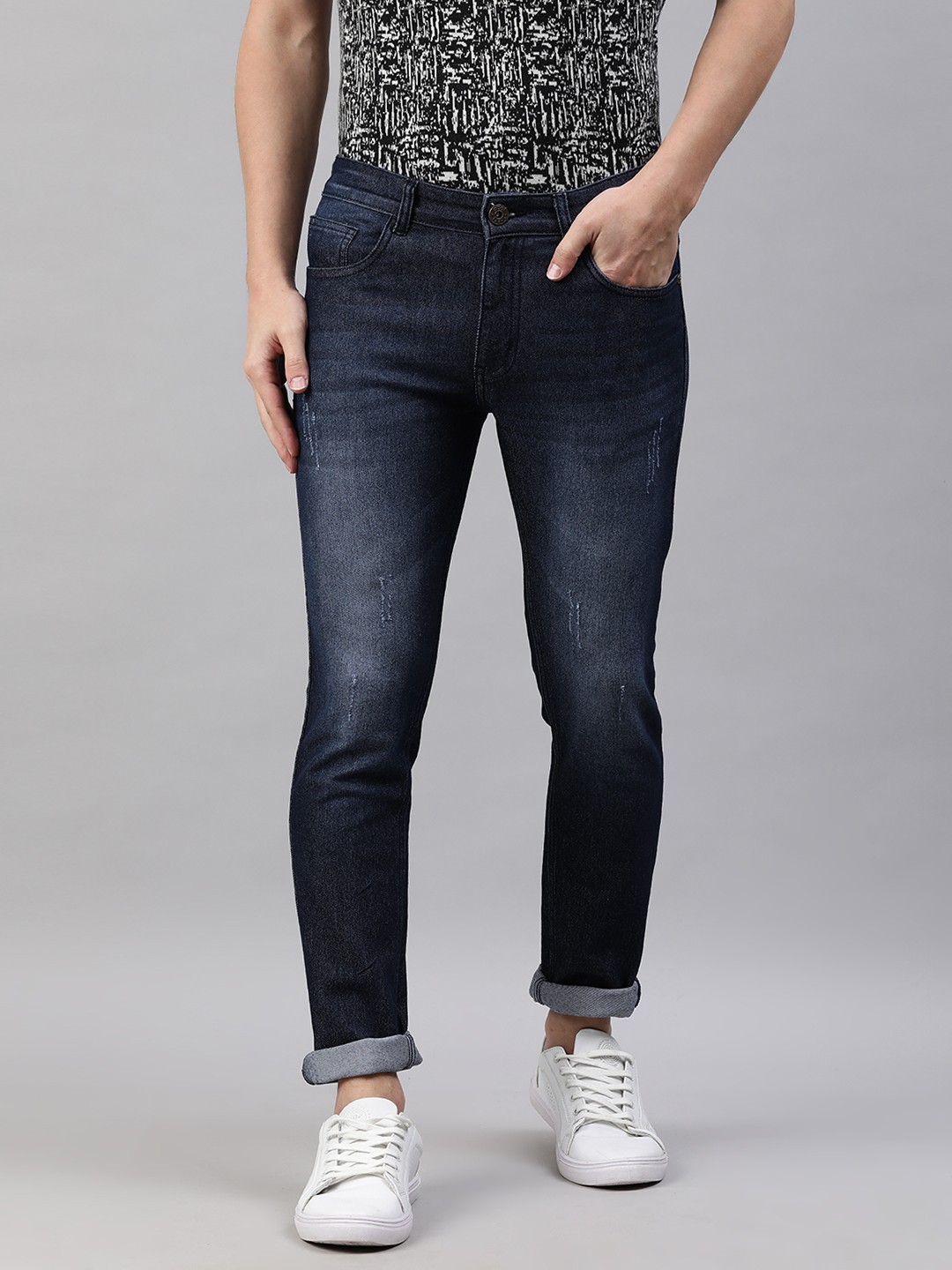 

abof Men Blue Slim Fit Mid-Rise Light Fade Low Distress Stretchable Jeans