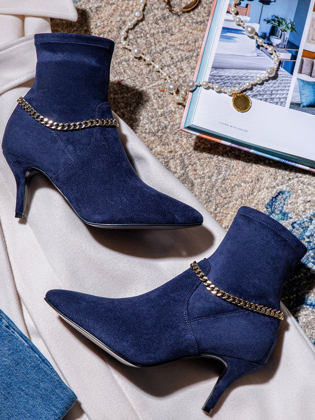 

Saint G Women Blue Stretch Suede Chain Embellished Ankle Boots