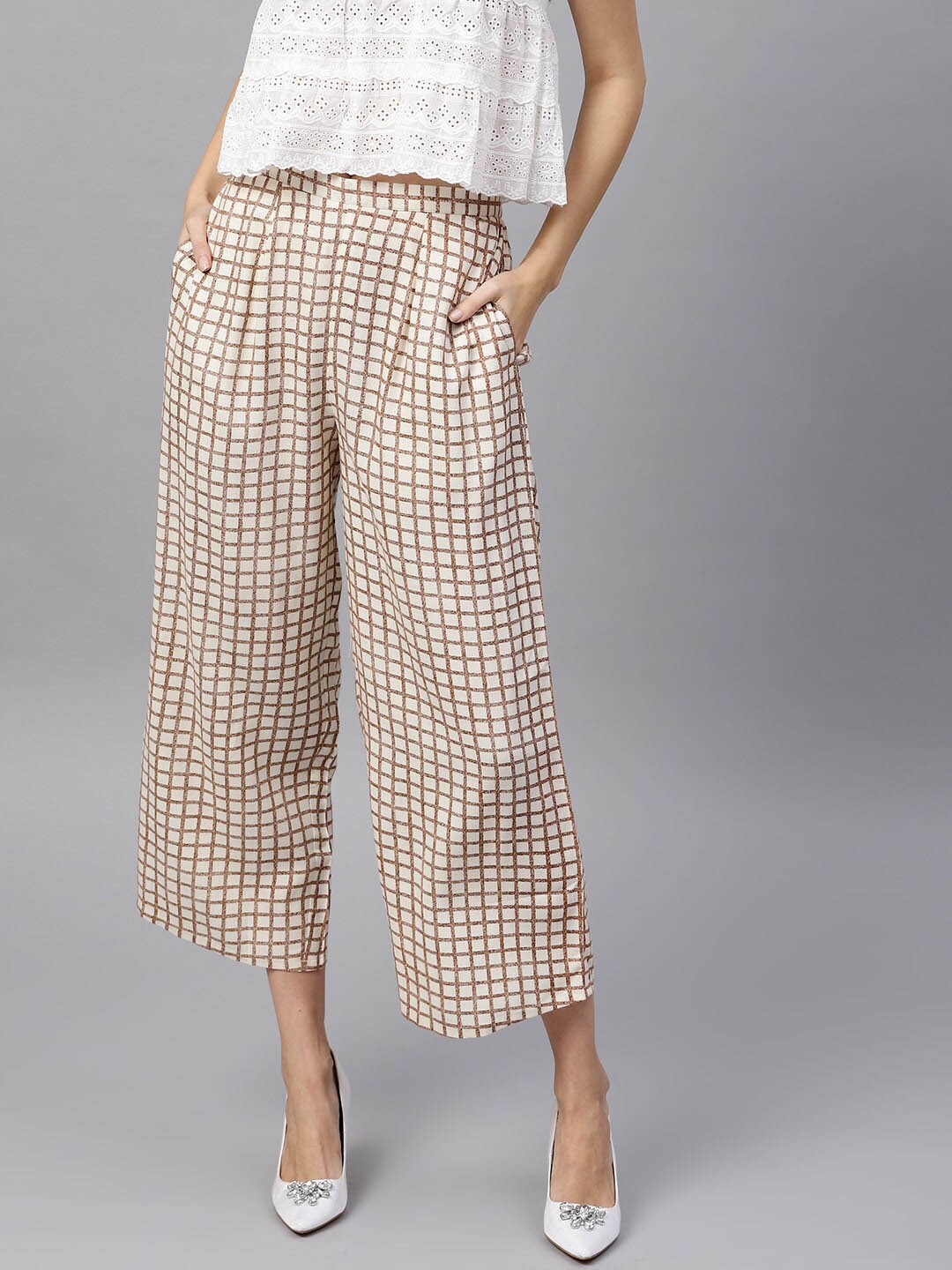 

GERUA Women Beige Checked Knitted Cotton Palazzos