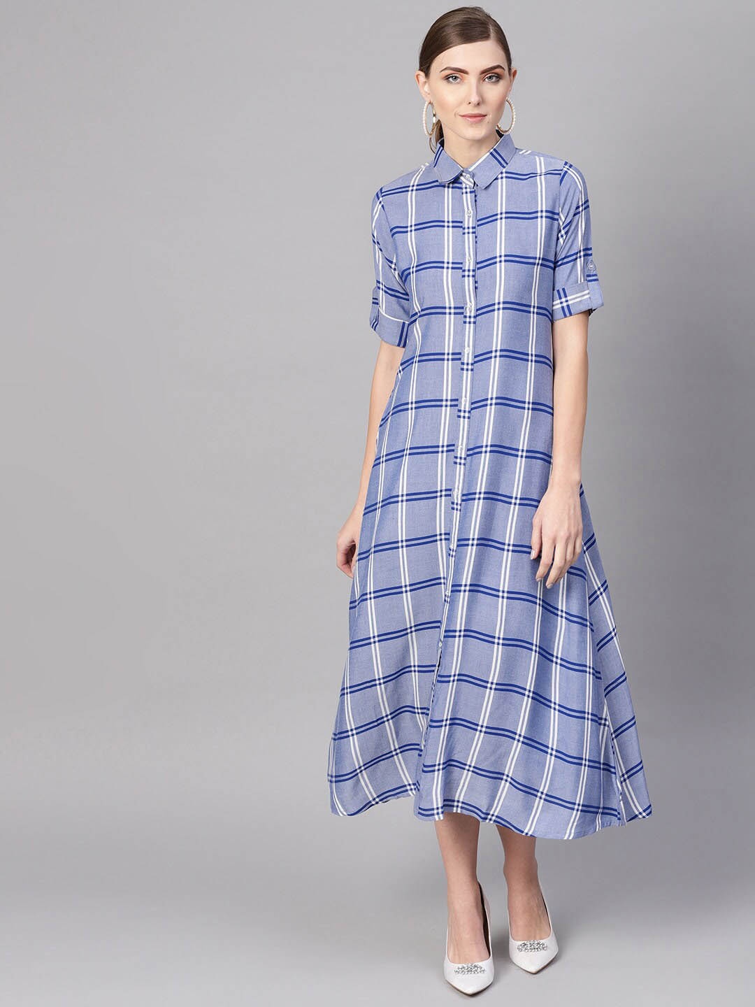 

Gerua By Libas Blue Checked Cotton Midi Shirt Dress