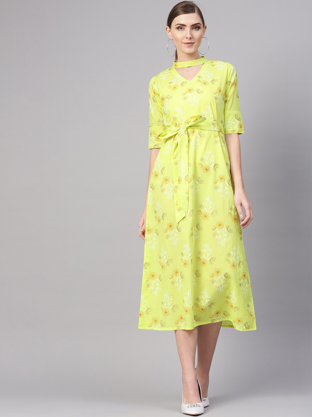 

Gerua By Libas Green Mustard Yellow Floral A-Line Midi Dress