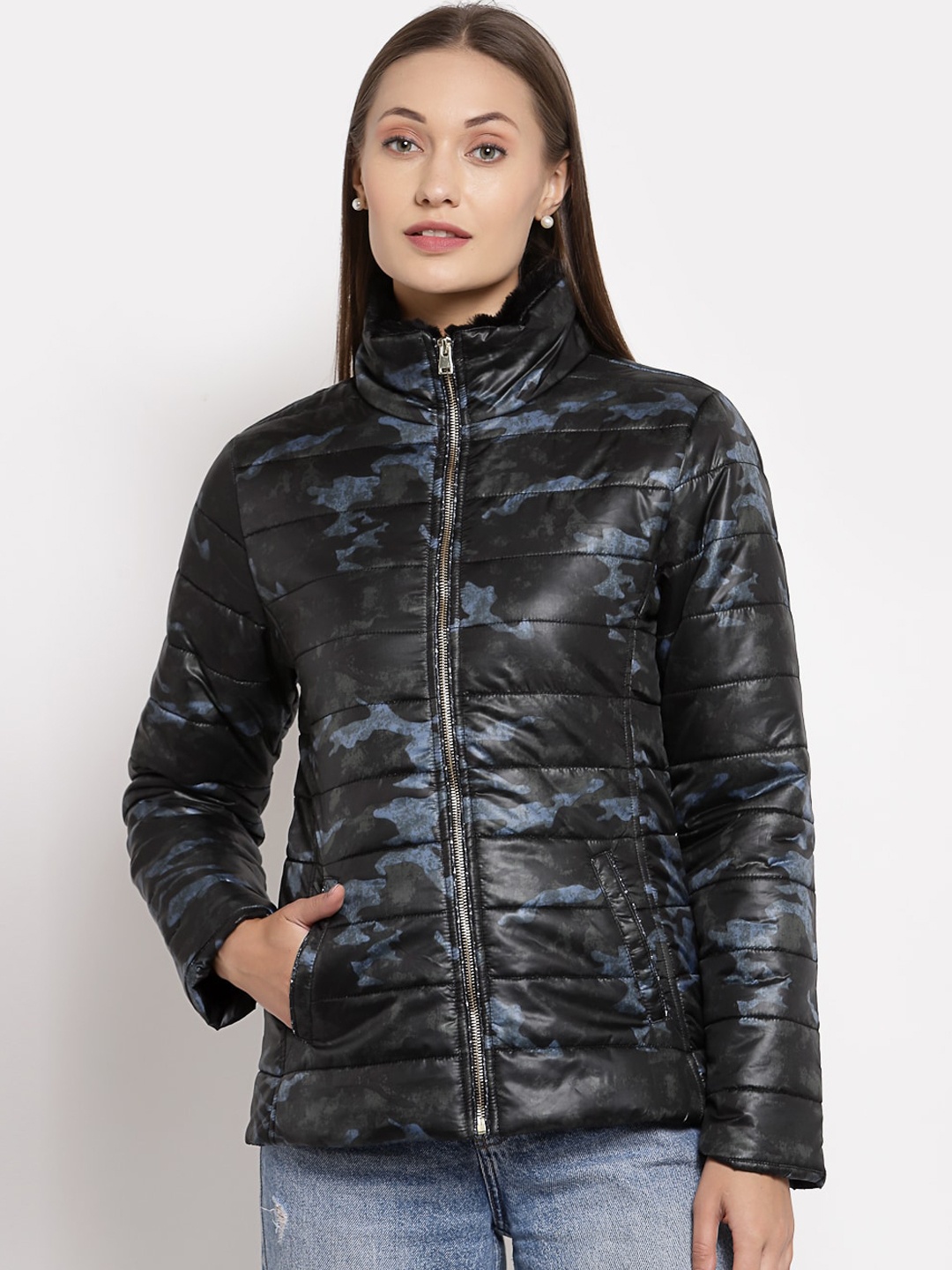

Juelle Women Black & Blue Camouflage Puffer Jacket