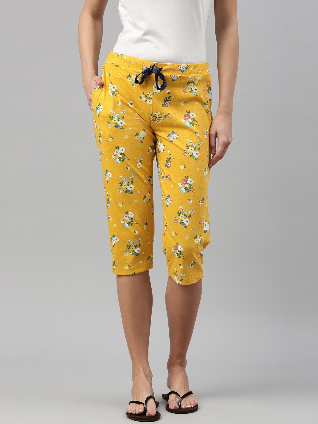 

Enviously Young Women Mustard & White Floral Printed Pure Cotton Capris