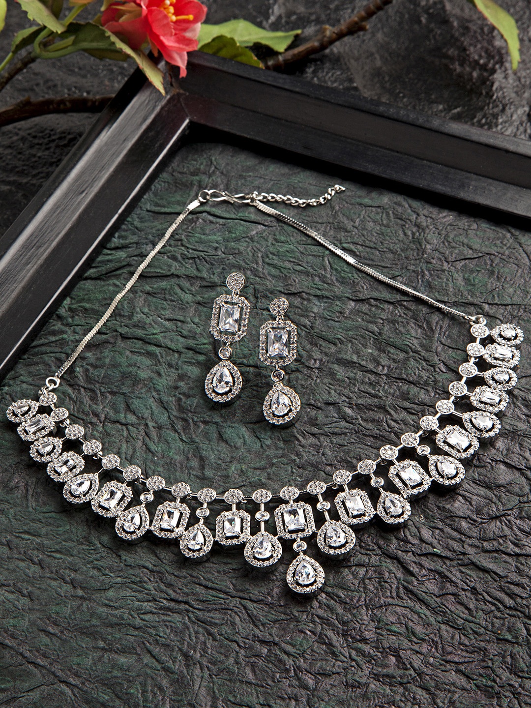 

KARATCART Silver-Plated White American Diamond & Cubic Zirconia Studded Handcrafted Jewellery Set