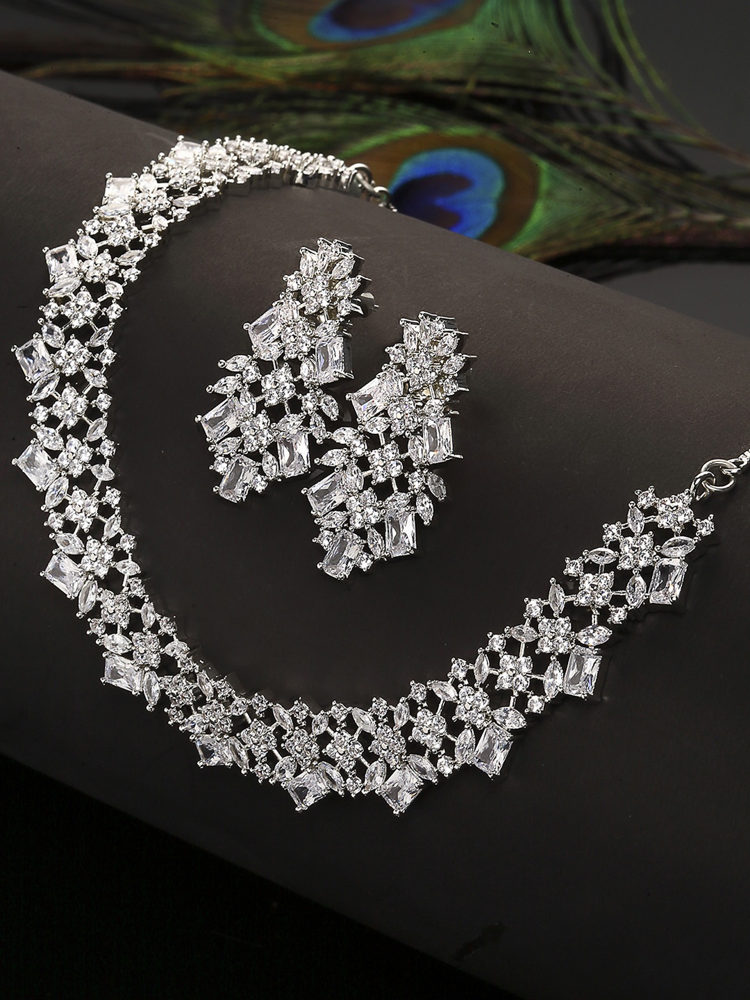 

KARATCART Contemporary Silver Toned American Diamond Jewellery Set