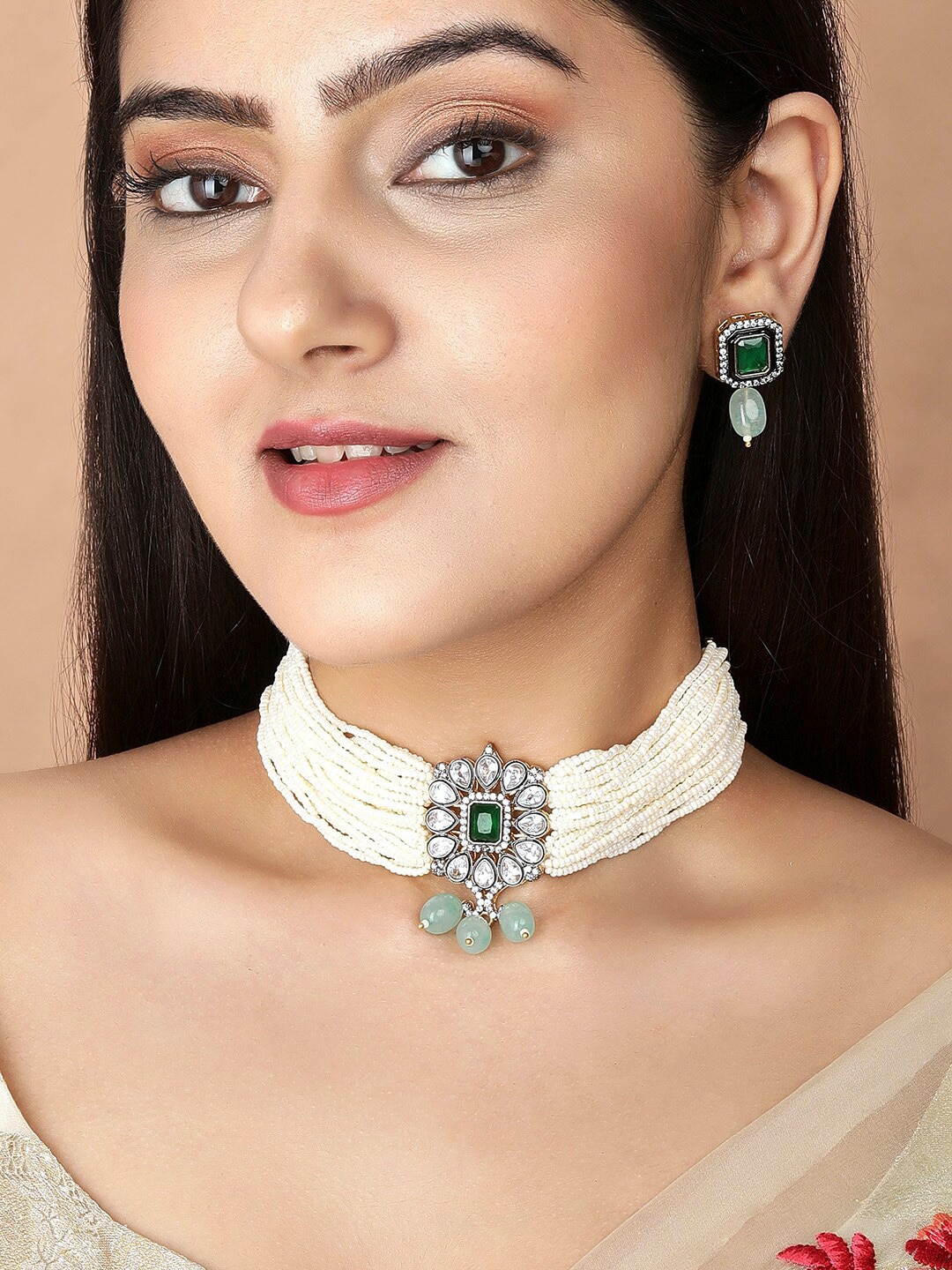 

Rubans Women White & Green Studded Beadded Multistrand Handcrafted Jewellery Set