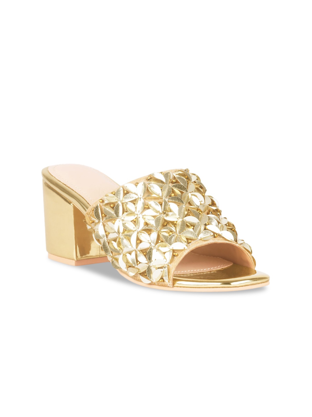 

London Rag Gold-Toned Ethnic Embellished Block Heeled Sandals