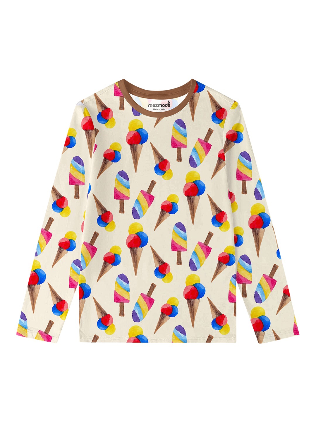 

mezmoda Girls Cream-Coloured & Brown Printed T-shirt