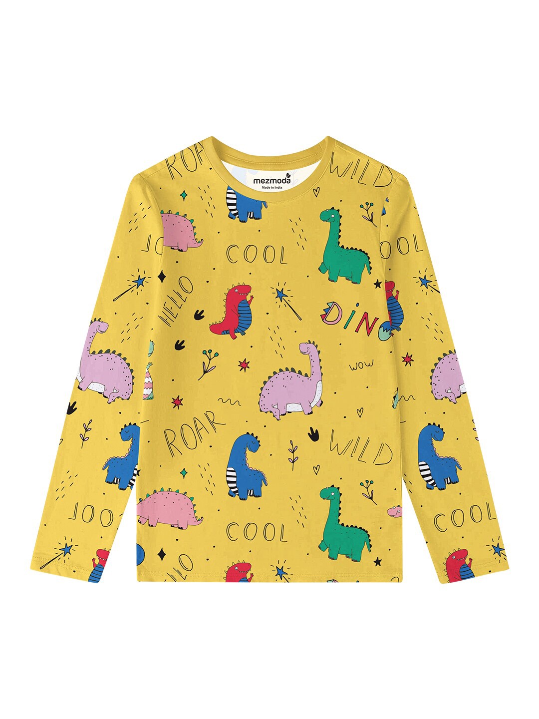 

mezmoda Girls Yellow & Blue Dino Graphic Printed T-shirt