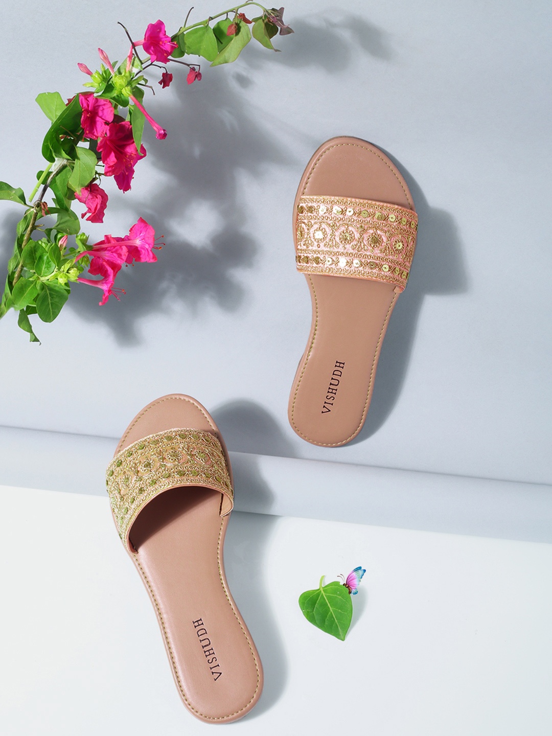 

Vishudh Women Peach-Coloured & Gold-Toned Embellished Open Toe Flats