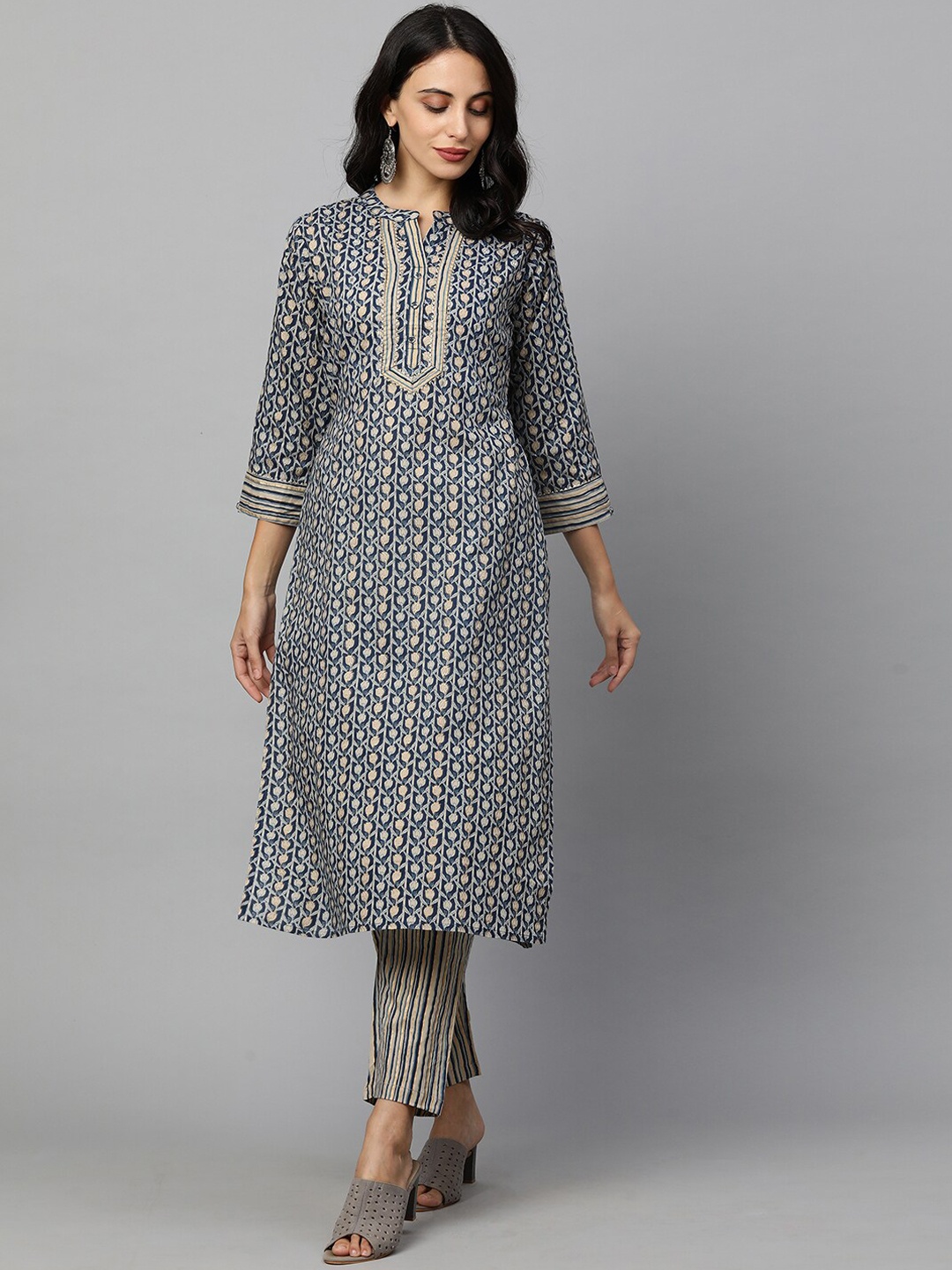 

FASHOR Women Blue Printed Regular Pure Cotton Kurta with Trousers