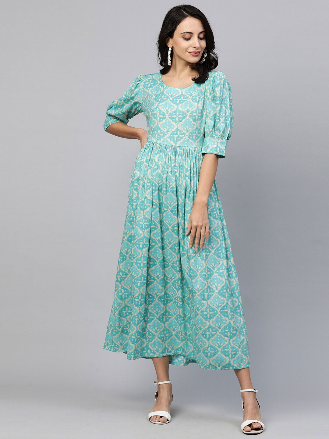 

FASHOR Blue & Beige Ethnic Motifs Maxi Dress