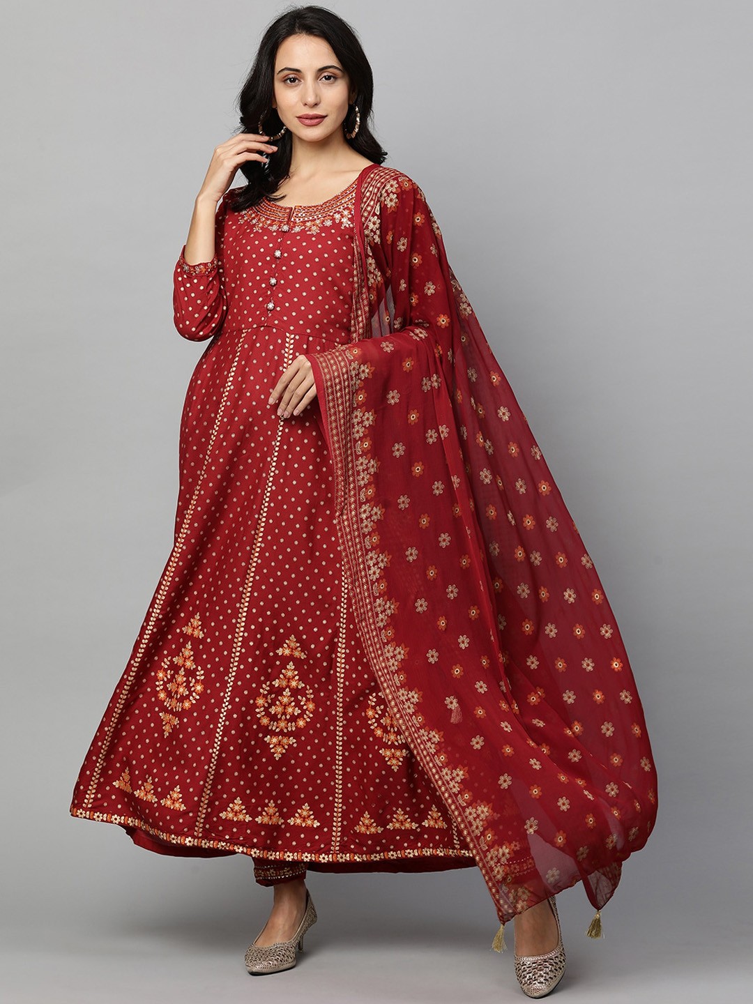 

FASHOR Women Red Embroidered Kurta with Trousers & & Dupatta