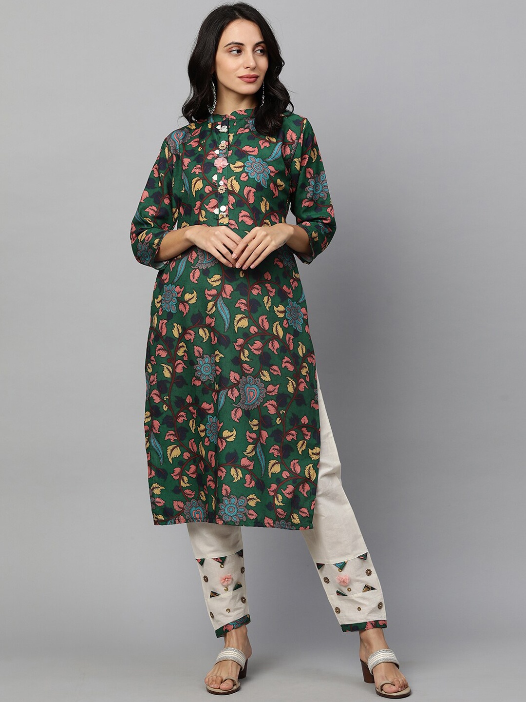 

FASHOR Women Green & Peach Printed Panelled Pure Cotton Kurta With Trousers