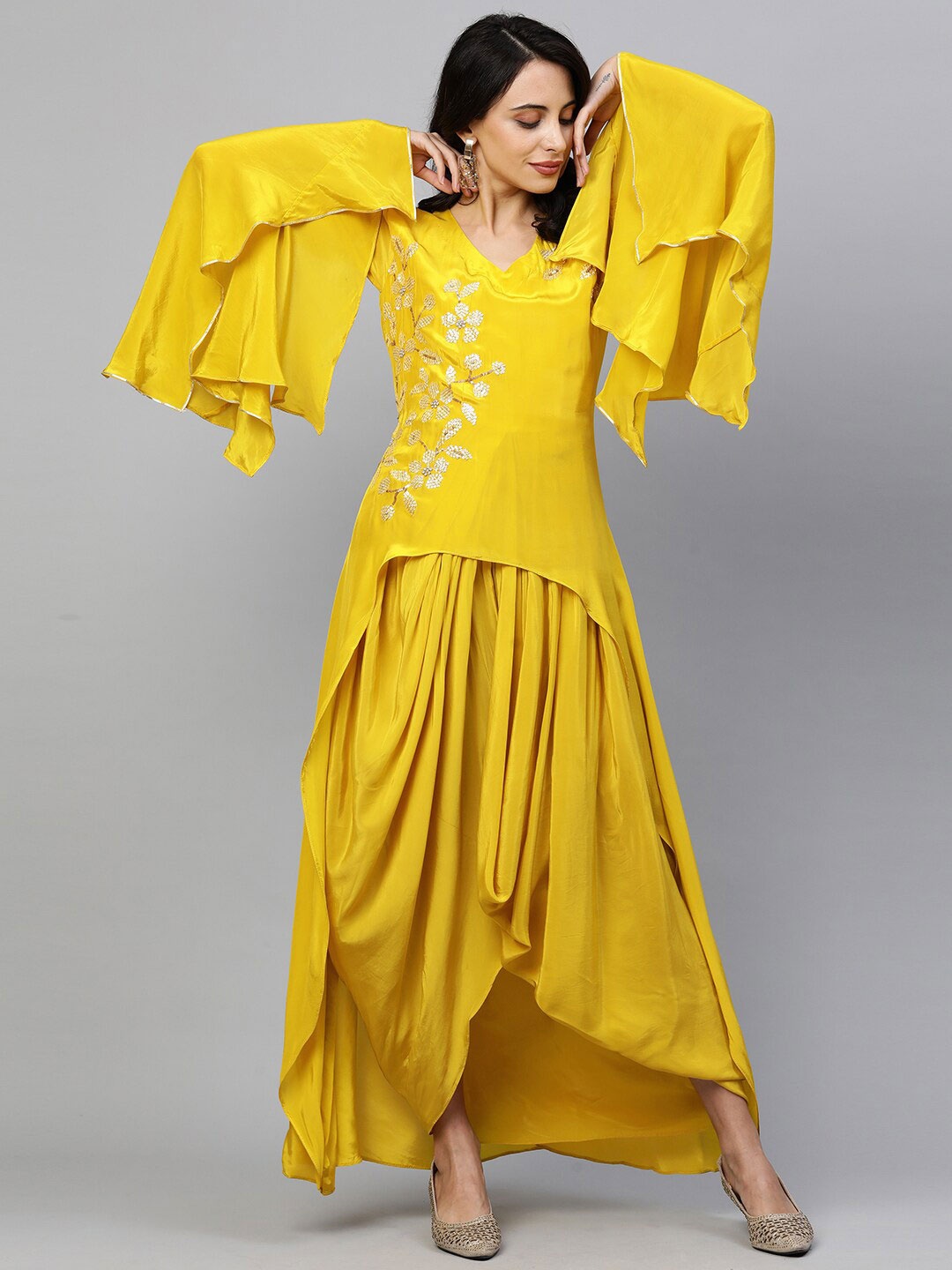 

FASHOR Yellow Embroidered Ethnic Draped Maxi Dress