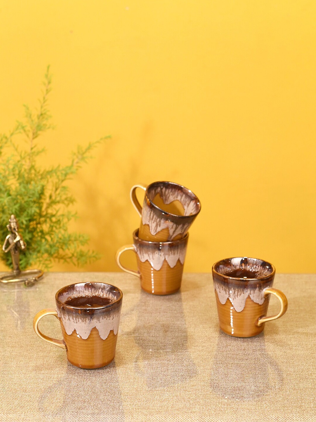 

AAKRITI ART CREATIONS Set of 4 Brown Sunset Drip Printed Ceramic Coffee Mugs