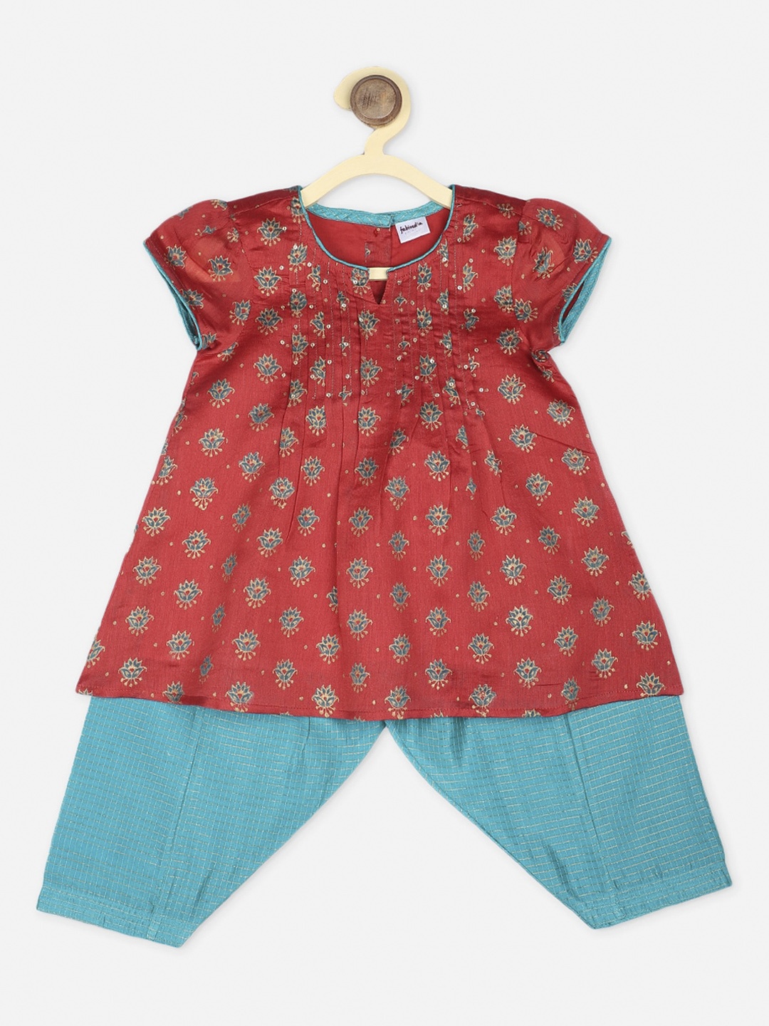 

Fabindia Girls Red Ethnic Motifs Printed Angrakha Pure Cotton Kurti with Patiala