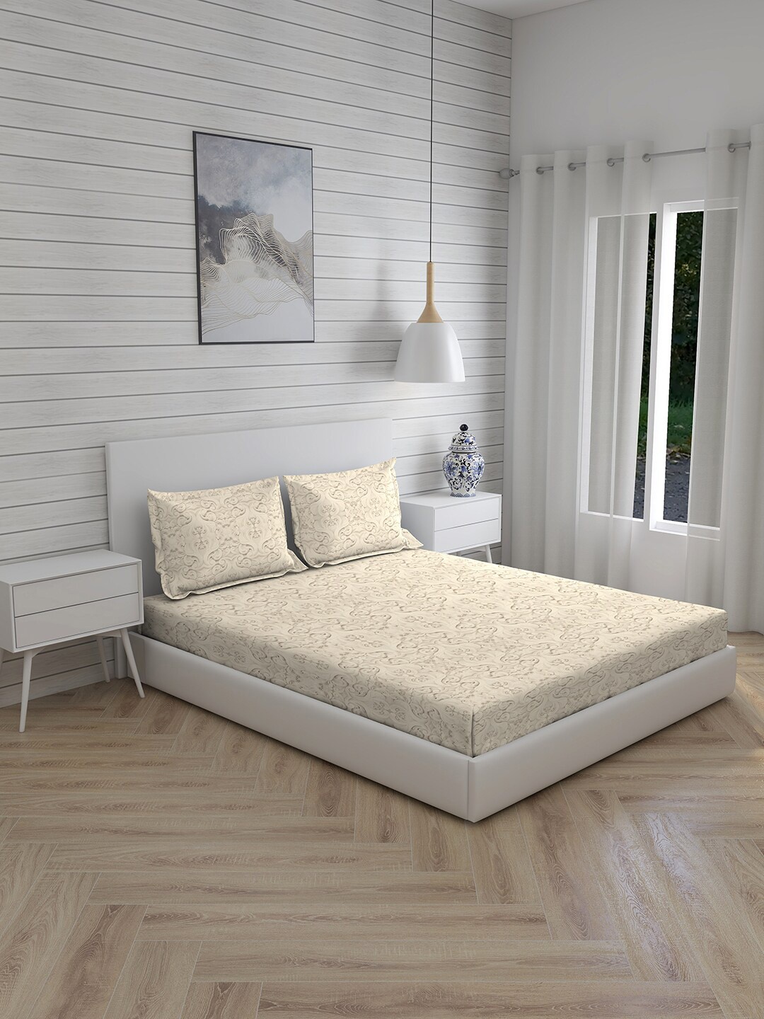 

Boutique Living India Beige Ethnic Motifs 300 TC King Bedsheet with 2 Pillow Covers